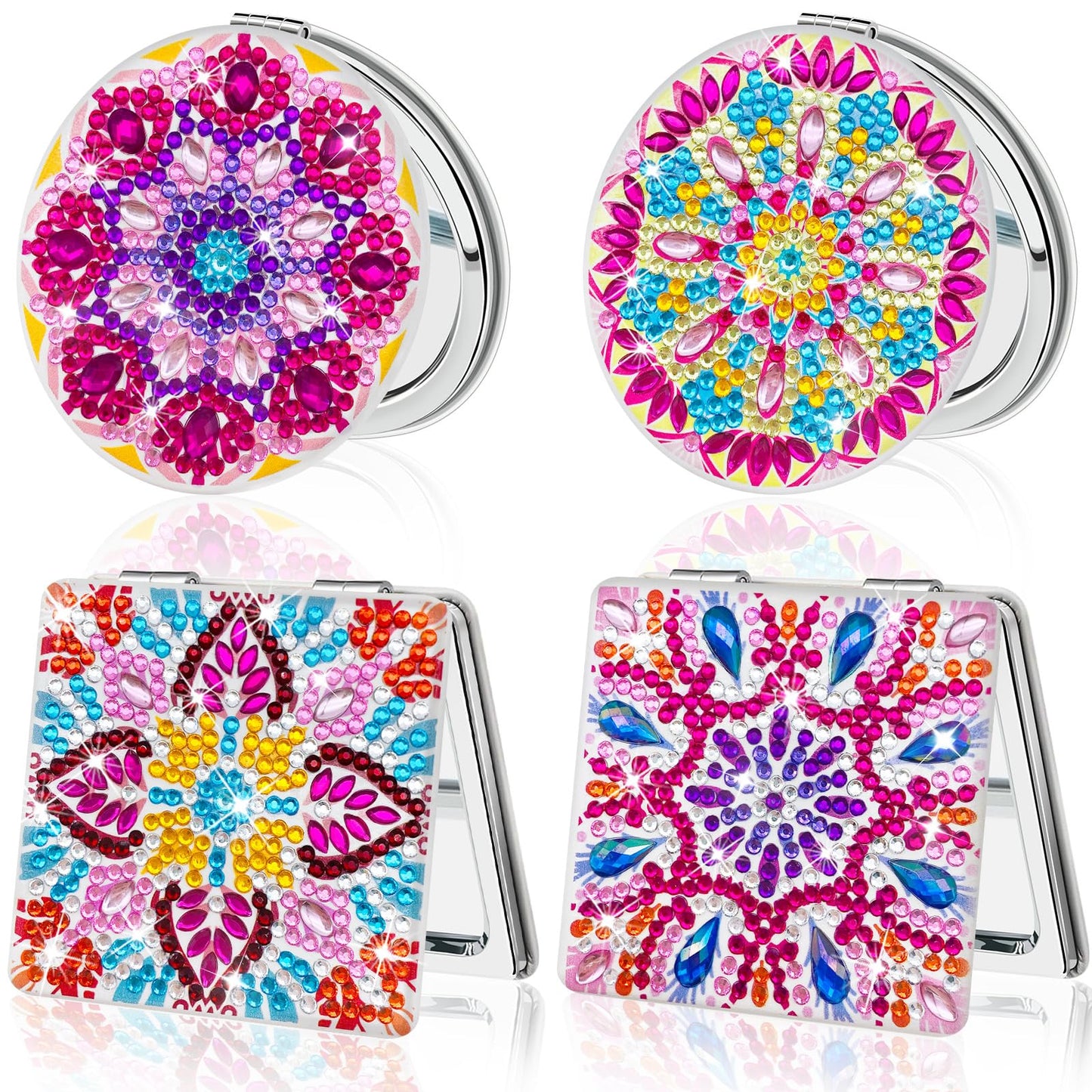 FILASLFT Diamond Painting Compact Mirror,Diamond Art Mirror,4 Pcs Makeup Mirror Pocket Cover Portable Magnifying Folding Purse Mirror,Christmas Birthday Gifts for Women Girls(Mandala)