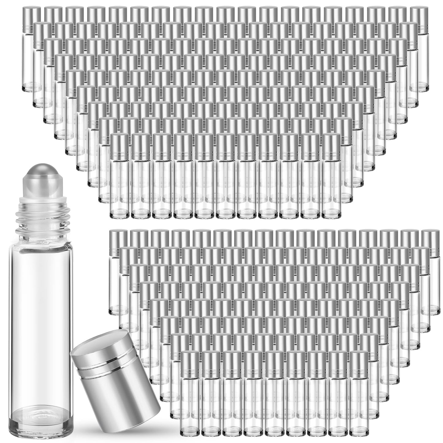 Sumind Essential Oil Roller Bottles - 250 Pcs, 10 ml Glass, Stainless Steel Roller Balls, Leakproof, Funnel Included(Clear with Silver Cap)