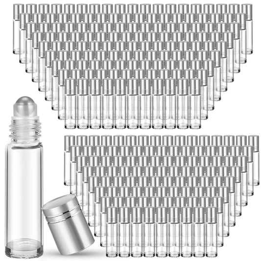 Sumind Essential Oil Roller Bottles - 250 Pcs, 10 ml Glass, Stainless Steel Roller Balls, Leakproof, Funnel Included(Clear with Silver Cap)