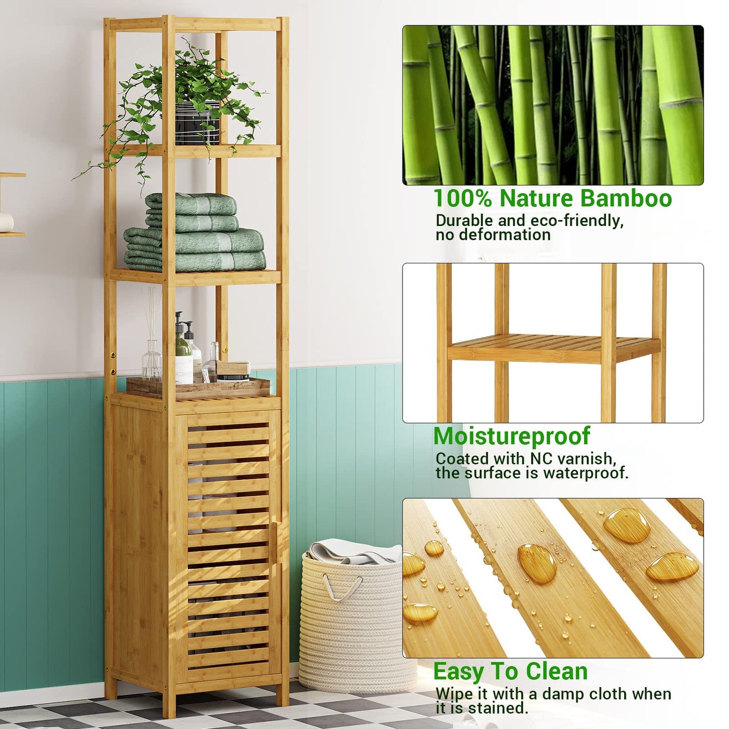 VIAGDO Storage Tall Slim Cabinet with Shutter Door and 3 Tier Shelves, Freestanding Linen Tower Cabinet for Living Room, Kitchen, Bathroom Organizer, Natural Bamboo