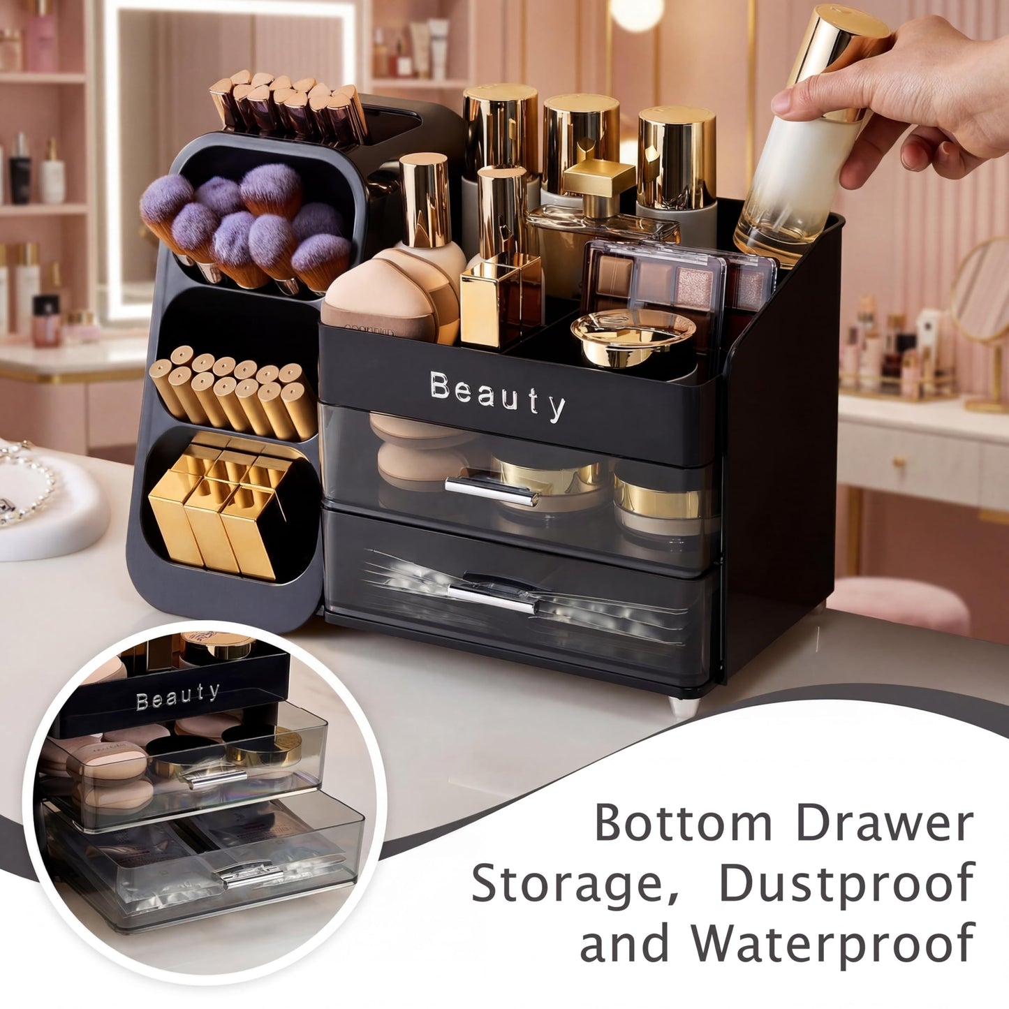 SYFIS Makeup Organizer for Vanity with Brush Holder, Countertop Makeup organizer with Drawers for Skincare, Cosmetics, Perfumes, Eyeshadow Palettes, Spacious Cosmetic storage organizer