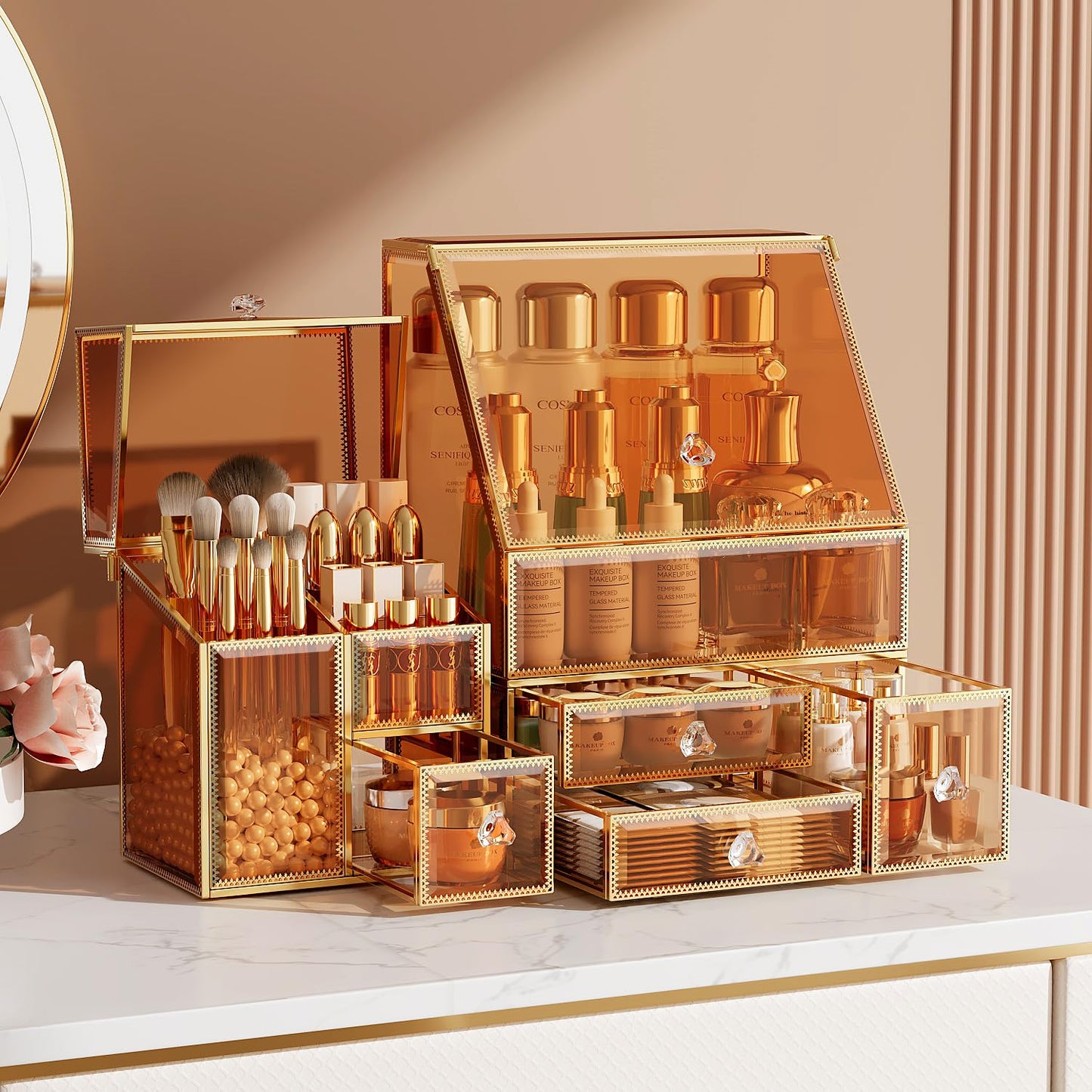 CoralHouse Amber Glass Makeup Organizer with Lid, 3-Piece Vanity Organizer with Gold Frame, Cosmetic Display Case for Skincare, Perfume, Lipsticks, Brushes, Bathroom Countertop & Dresser
