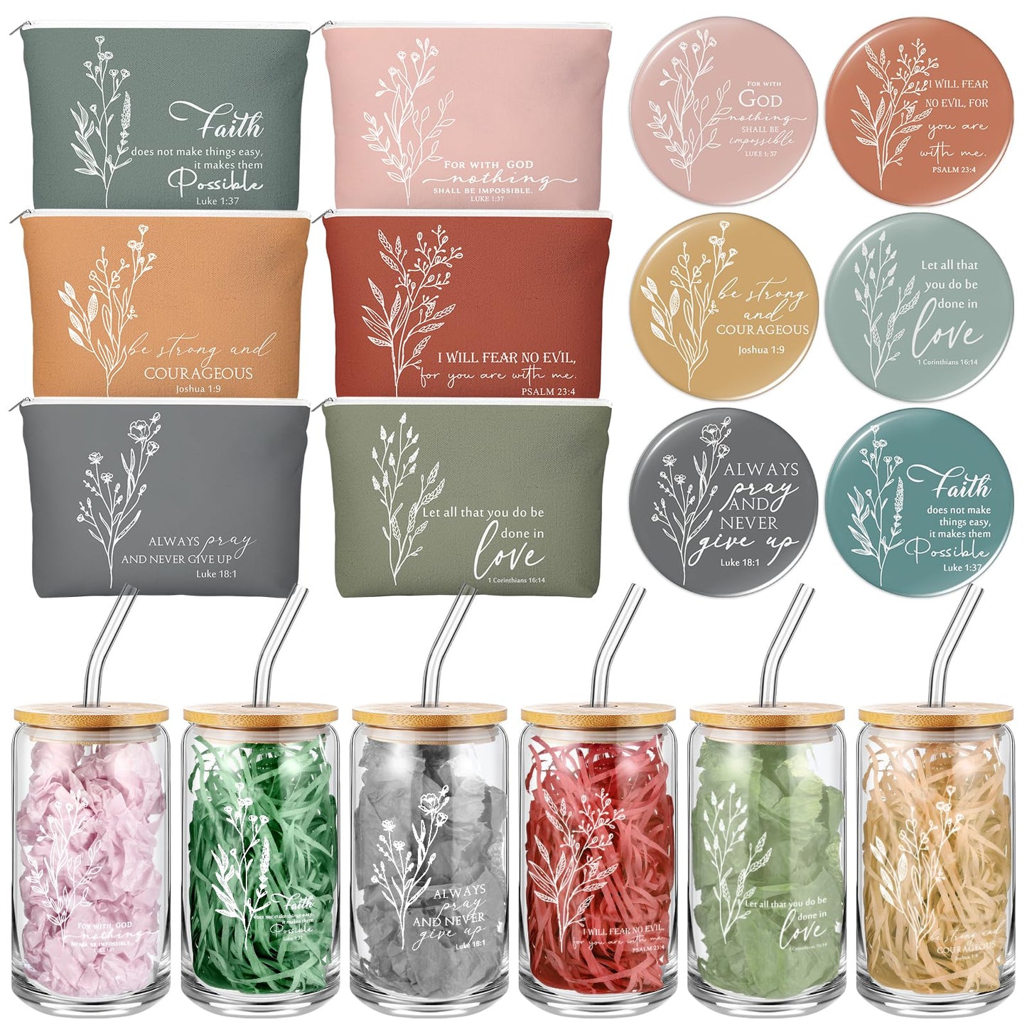 Fumete 6 Set Christian Gift for Women Bulk Religious Makeup Bag Glass Bible Verse Cup Mini Christian Compact Mirror Gifts for Church Members Women Basket Stuffers(Bright Colors)