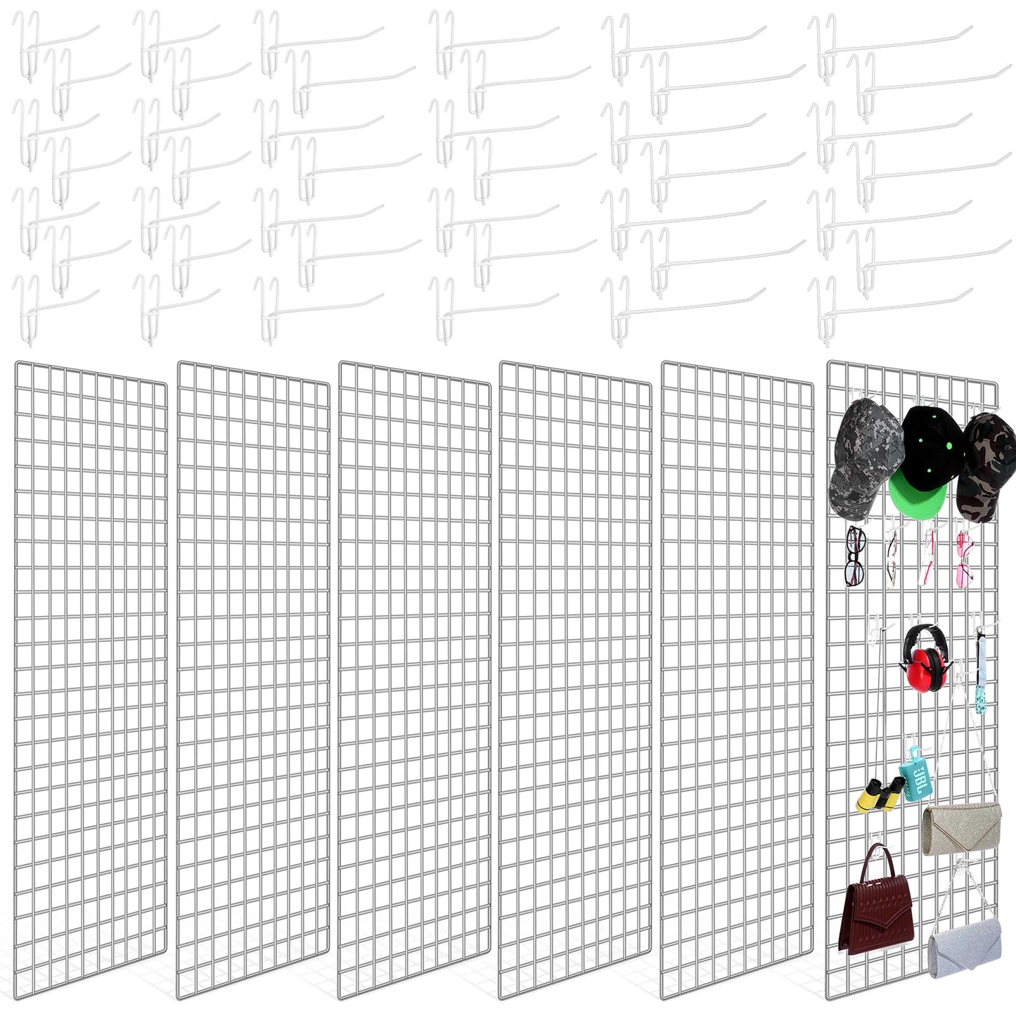 Hicarer 6 Pcs Commercial Grade Gridwall Panels for Display, Heavy Duty Wire Grid wall Display Rack Metal wall Mount Grid with 60 White Hooks for Retail Display Home Storage Vendor Events(2 x 5 ft)