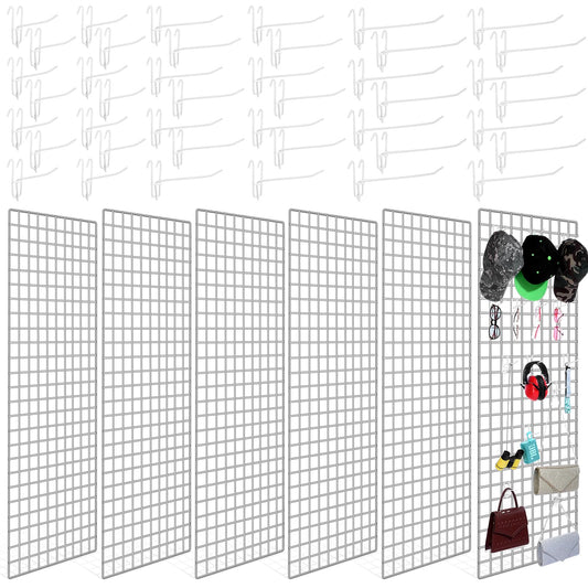 Hicarer 6 Pcs Commercial Grade Gridwall Panels for Display, Heavy Duty Wire Grid wall Display Rack Metal wall Mount Grid with 60 White Hooks for Retail Display Home Storage Vendor Events(2 x 5 ft)