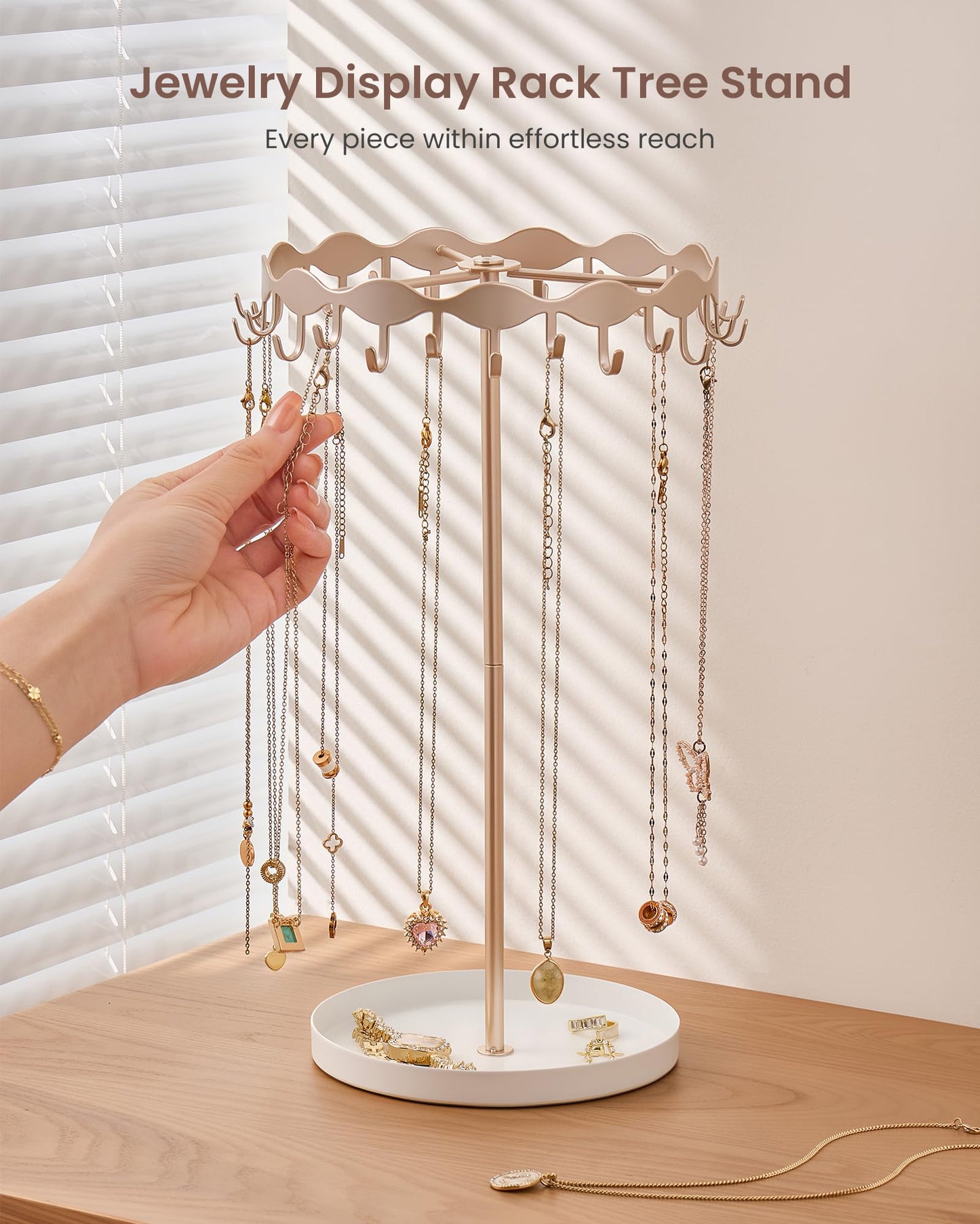 Lolalet Necklace Organizer Holder, Jewelry Display Rack Tree Stand with 26 Hooks & Metal Base Tray, Tall Hanging Storage for Necklaces, Keychains, Bracelets, Mothers Day Gift for Women -Rosegold