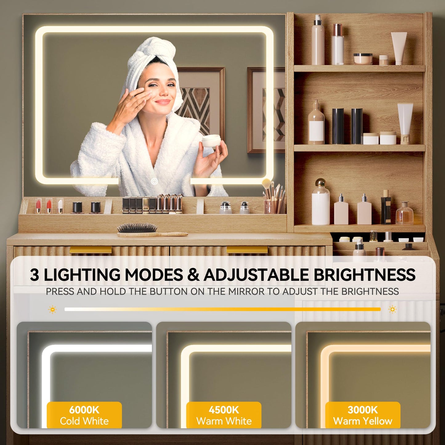 YITAHOME Large Makeup Vanity Desk with Mirror and Lights, Fluted Vanity Table with 2 Drawers & Adjustable Shelves, Makeup Mirror in 3 Modes Lighting, Dressing Table Set w/Charging Station, Oak