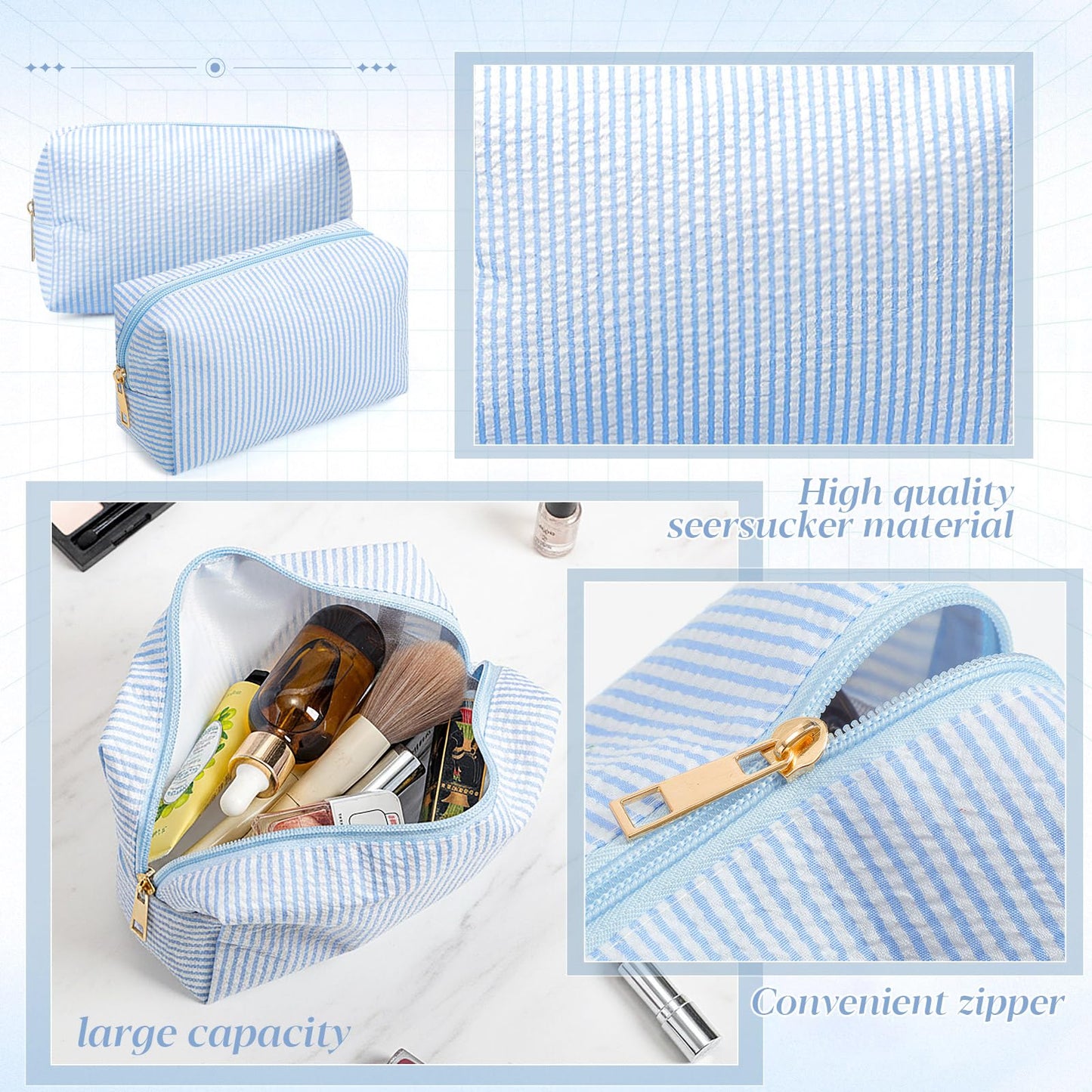 Sanwuta 6 Pcs Seersucker Cosmetic Bags Bulk Seersucker Makeup Bags Stripe Women Pouch Large Preppy Storage Pouch Toiletry Travel Organizer for Wedding Bridesmaid Bride Favor Mom Gift (Light Blue)
