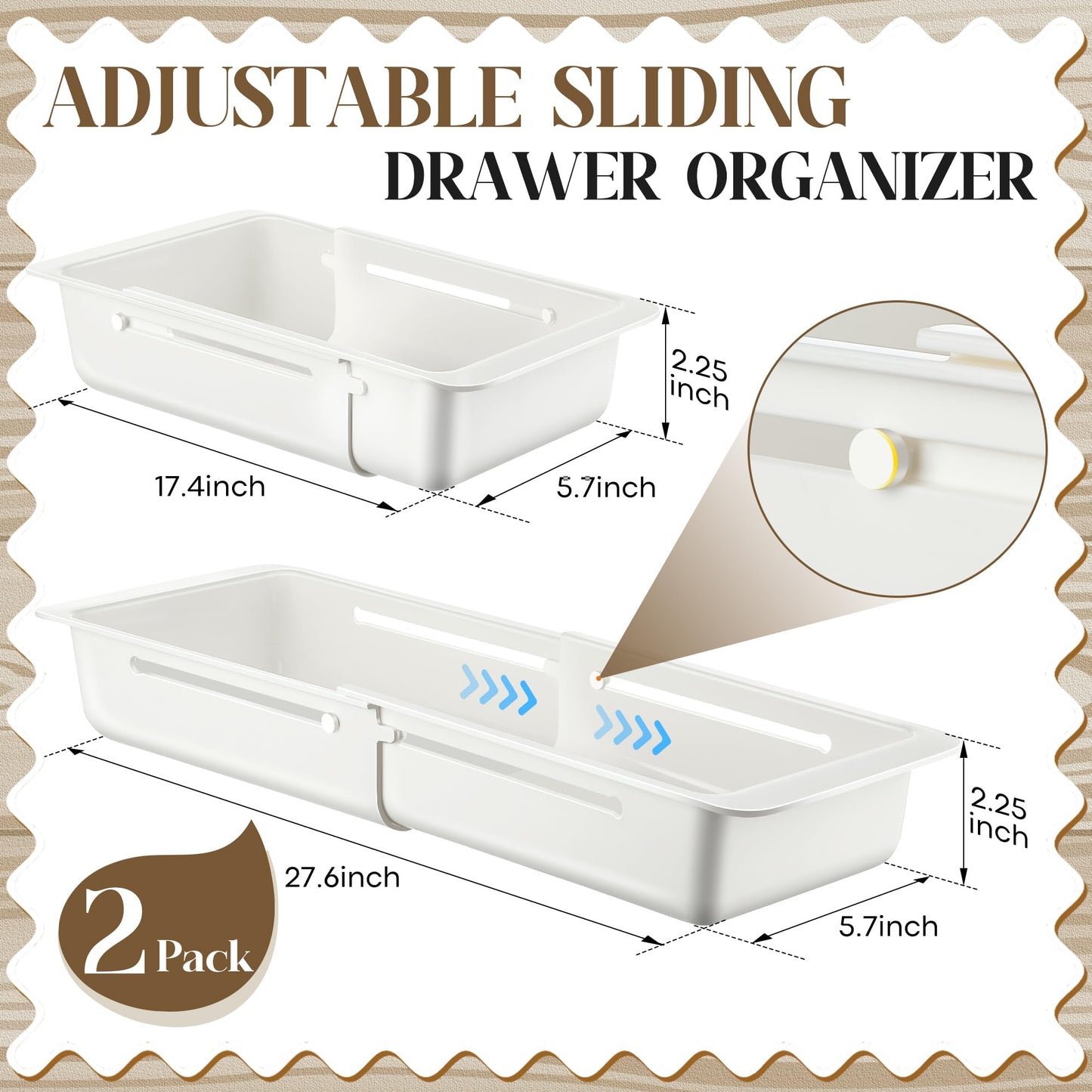 Gulfmew 2 Pack Deep Drawer Organizer Bins, Sliding Drawer Organizer Bin Expandable and Adjustable Tray for Kitchen Utensils, BBQ Tools, Towels, Durable Plastic Sliding for Easy Storage(17.4-27.6")