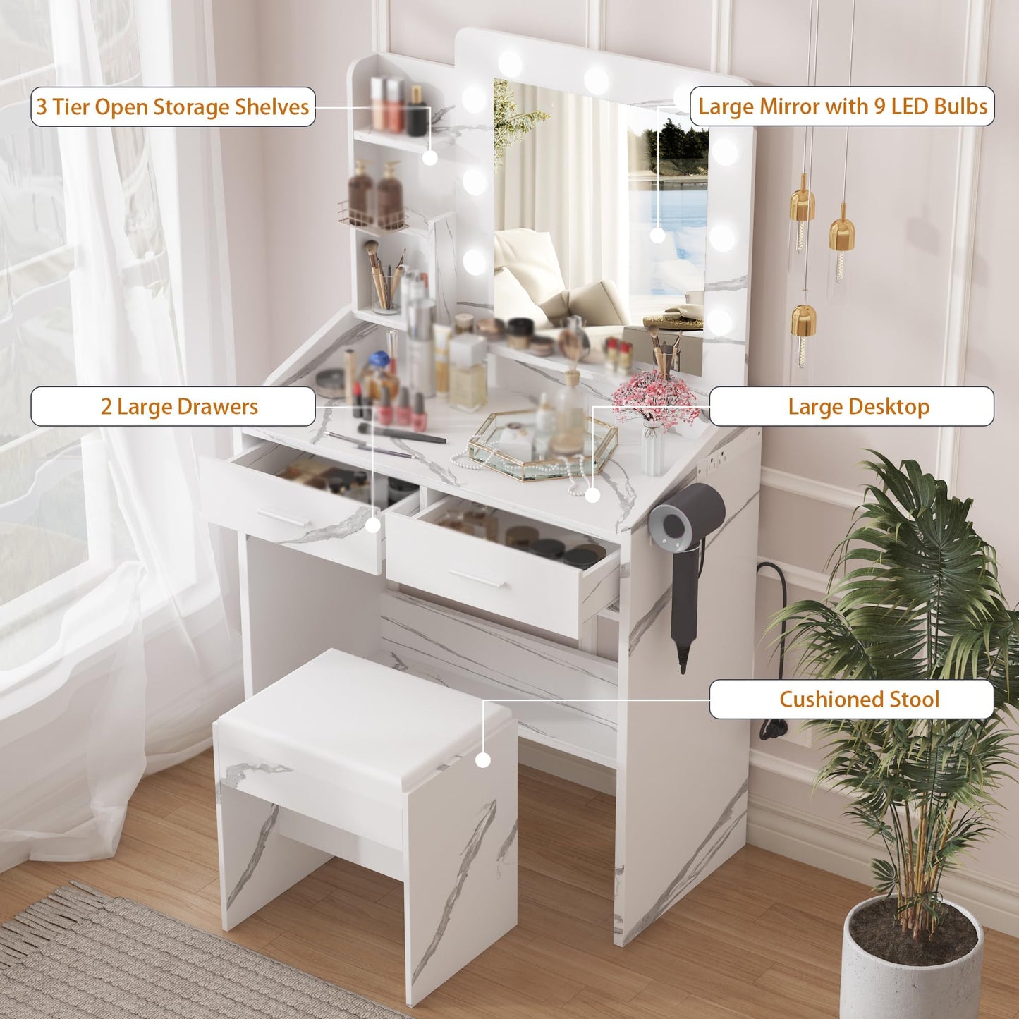 Garvee Marble White Vanity Table Set with Large Mirror – Dimmable LED Lights, 7 Drawers, Cushioned Stool, Adjustable Lighting, Power Outlet, Hairdryer Holder – Bedroom, Marble White