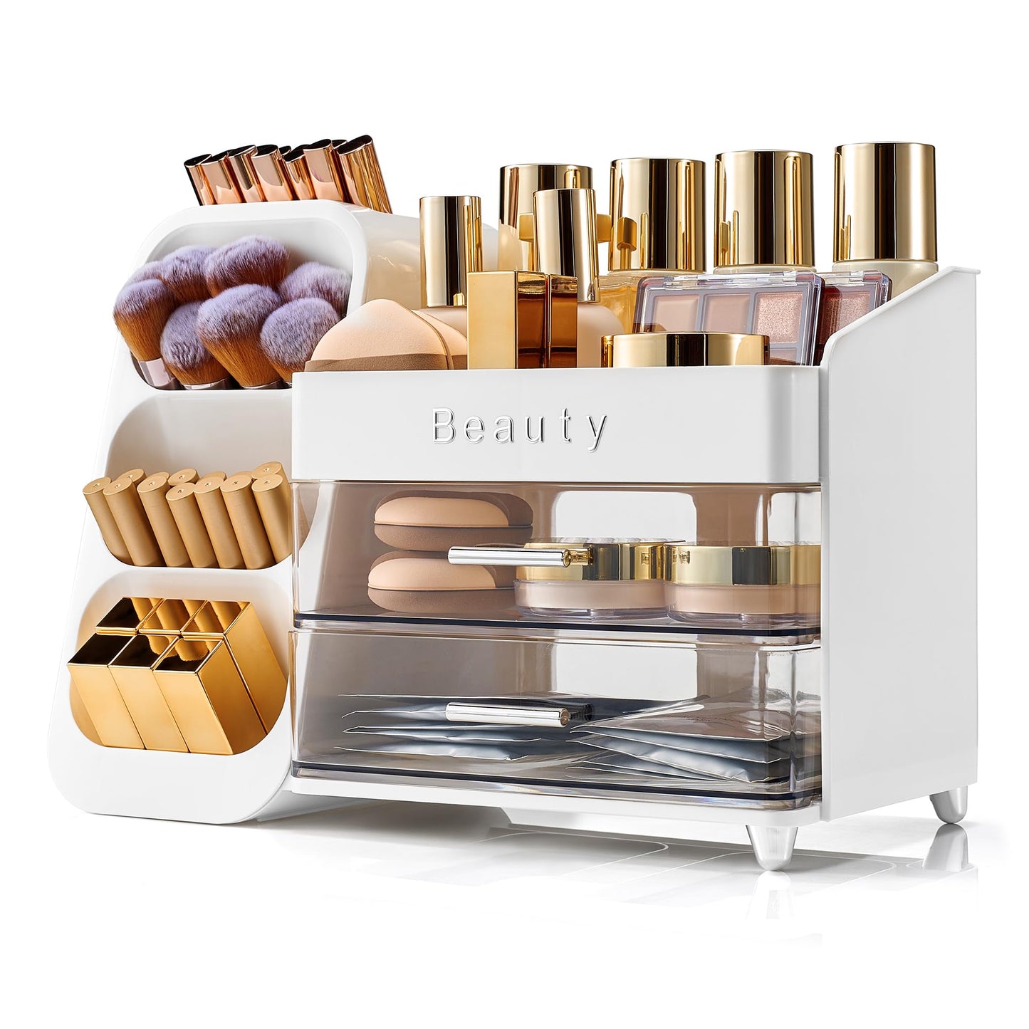 SYFIS Makeup Organizer for Vanity with Brush Holder, Countertop Makeup organizer with Drawers for Skincare, Cosmetics, Perfumes, Eyeshadow Palettes, Spacious Cosmetic storage organizer