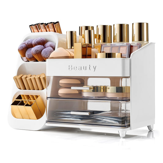 SYFIS Makeup Organizer for Vanity with Brush Holder, Countertop Makeup organizer with Drawers for Skincare, Cosmetics, Perfumes, Eyeshadow Palettes, Spacious Cosmetic storage organizer