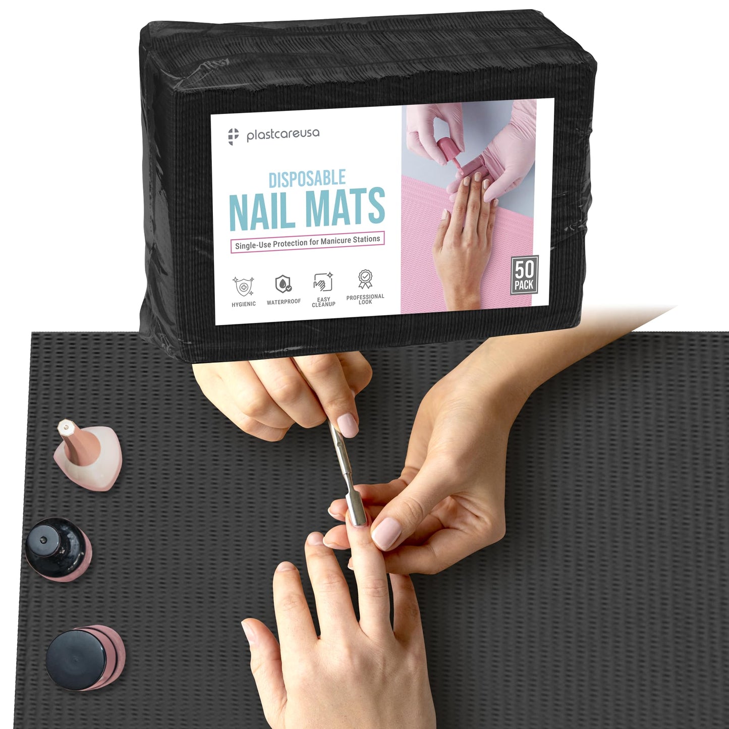 Disposable Nail Mats 50 Pcs - Salon Paper Towel and Table Cover for Nail Tech - 3 Ply Waterproof Manicure Prep Pads - Acrylic Art Supplies and Accessories (Black)