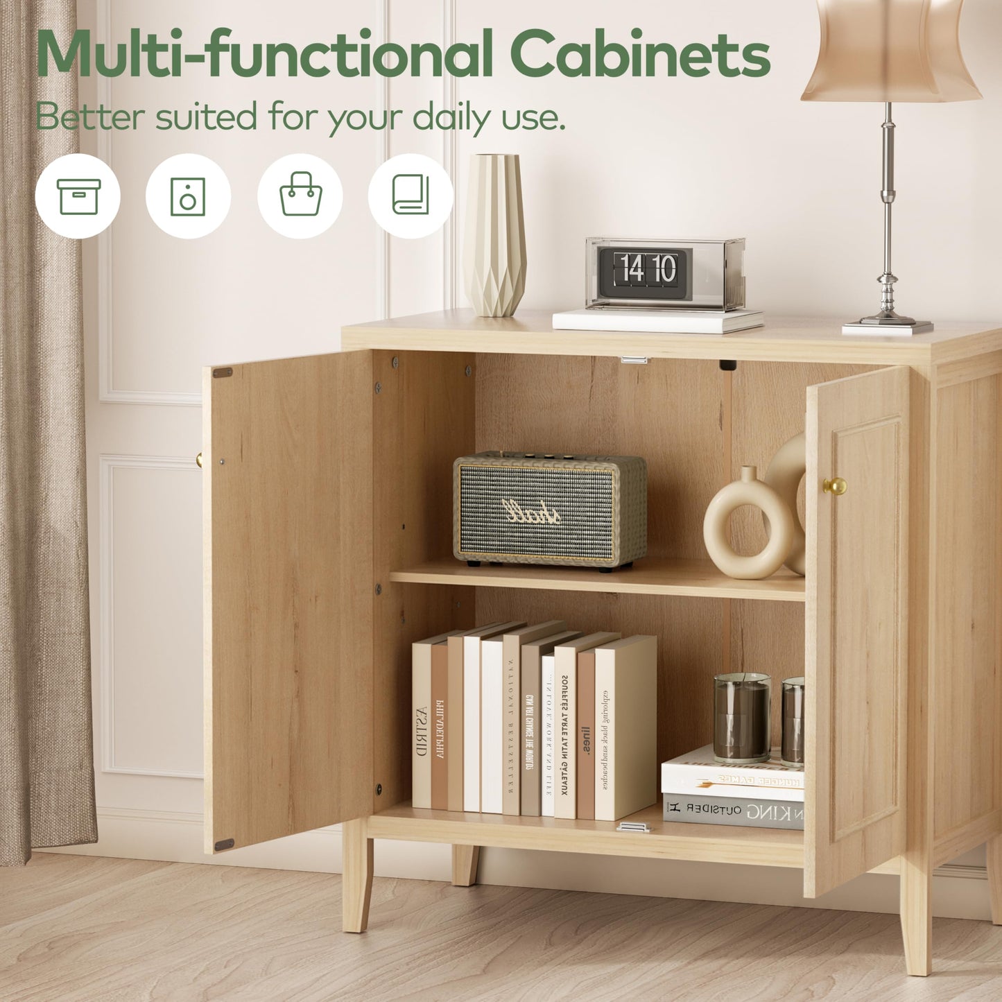 VDNEND Floor Sideboard Buffet Cabinets with Adjusable Shelves, Farmhouse 2 Doors Storage Cabinet for Kitchen, Bathroom, Living Room, Coffee Bar, Office, Entryway Organizer - (White-Oak)