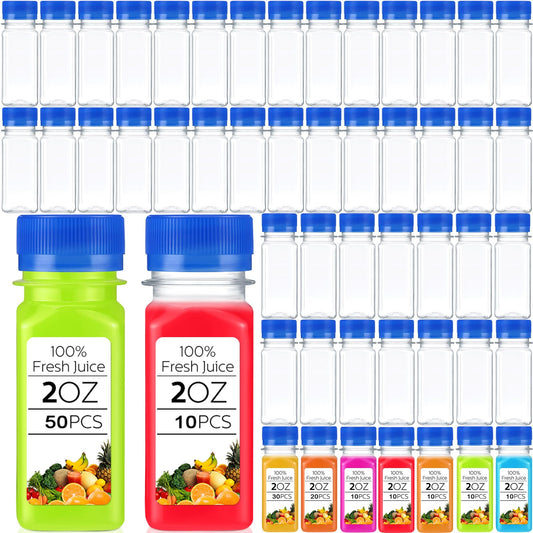 Roshtia 100 Pcs 2oz Small Clear Plastic Juice Bottles with Lid for Liquids Reusable Ginger Shots Bottle Vial Beverage Container Leak Proof Mini Jars for Juice, Milk, Water(Blue)