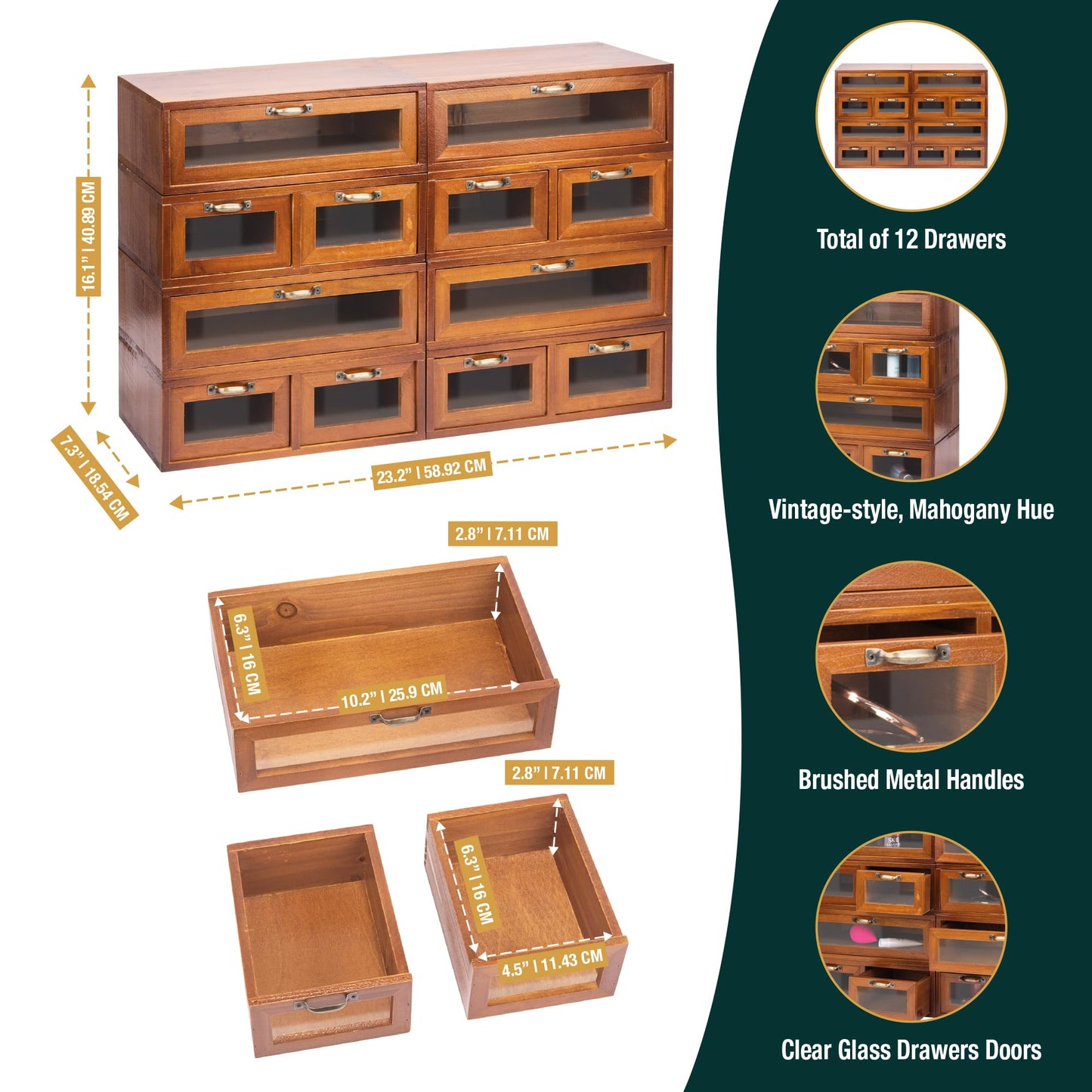 Modular Stackable Fully Assembled Set of 4 Storage Drawers - 12 Drawer See-Through Display Cabinets - 4-Level Desktop Organizer - Wood Box w/Metal Handle Collectible Card Bedazzling Decluttering