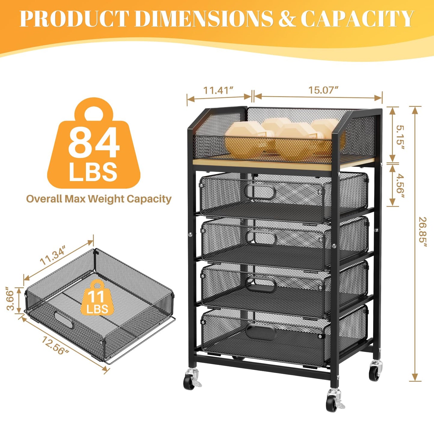 SUNALLY Makeup Organizer Cart with 4 Drawers, Rolling Makeup Storage Cart Metal Skincare Organizers, Large Vanity Storage Organizer Cosmetics Display Cases for Skin Care Perfume Nail Polish, Black