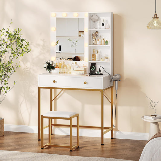 Garvee White Makeup Vanity Desk Set with Mirror, 3 Adjustable Lighting Modes, 2 Drawers, Built-in Charging Station & Stool for Bedroom & Dressing Room