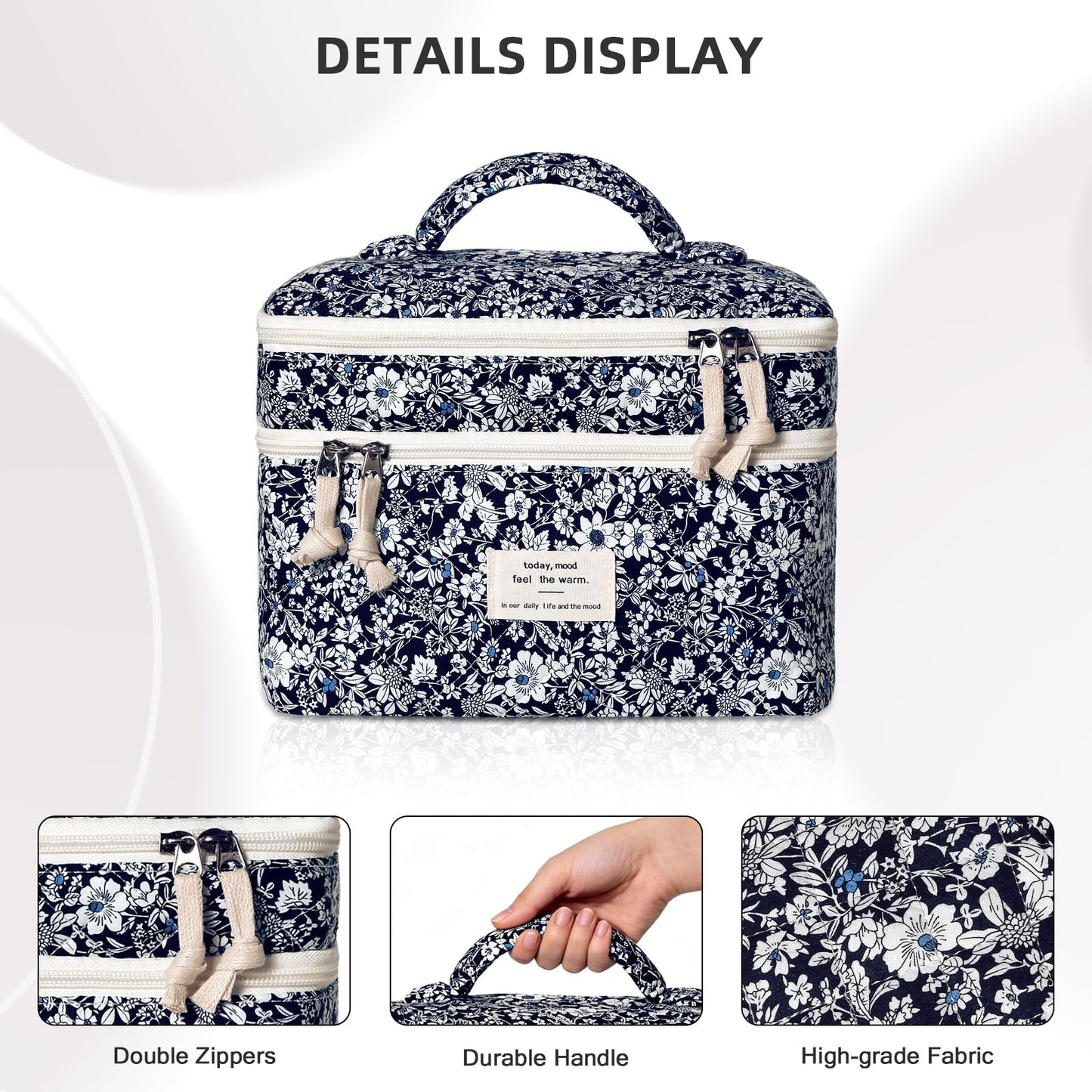 Gosect Makeup Bag, Portable Travel Make up Bag, Large Capacity Quilted Cosmetic Organizer Bag, Cute Floral Toiletry Bag for Women Girls (Black Rose)