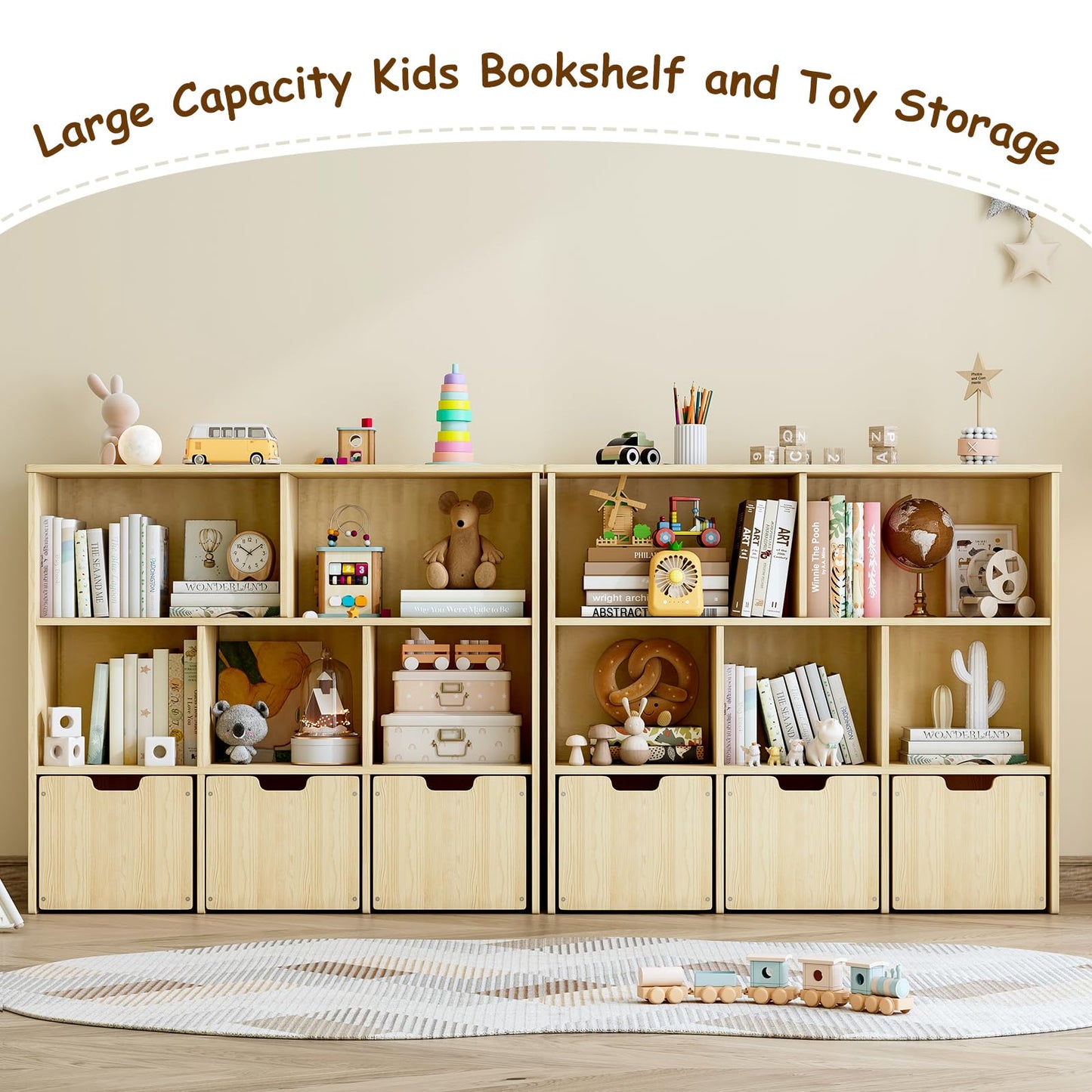 EXPERLAM Solid Pine Wood Toy Storage Organizer, Kids Bookshelf and Toy Organizer with 3 Rolling Drawers, 5 Storage Cubes, Montessori Playroom Storage Cabinet, Burlywood