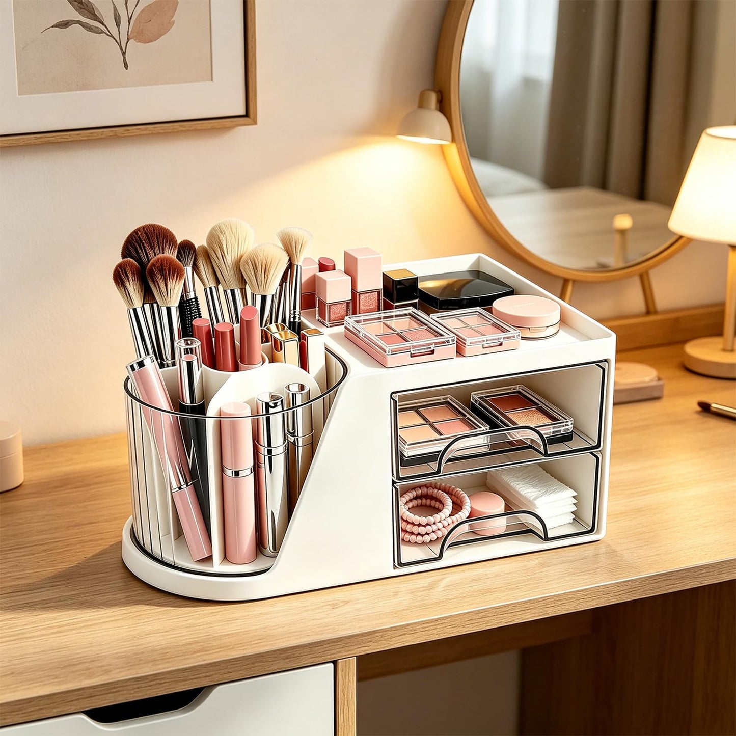 Neehows Makeup Organizer with 360°Rotating Brush Holder, Small Plastic Cosmetic Display Case with 2 Drawers for Make up Brushes Eyeshadow Lipstick Vanity Desktop Bathroom - White