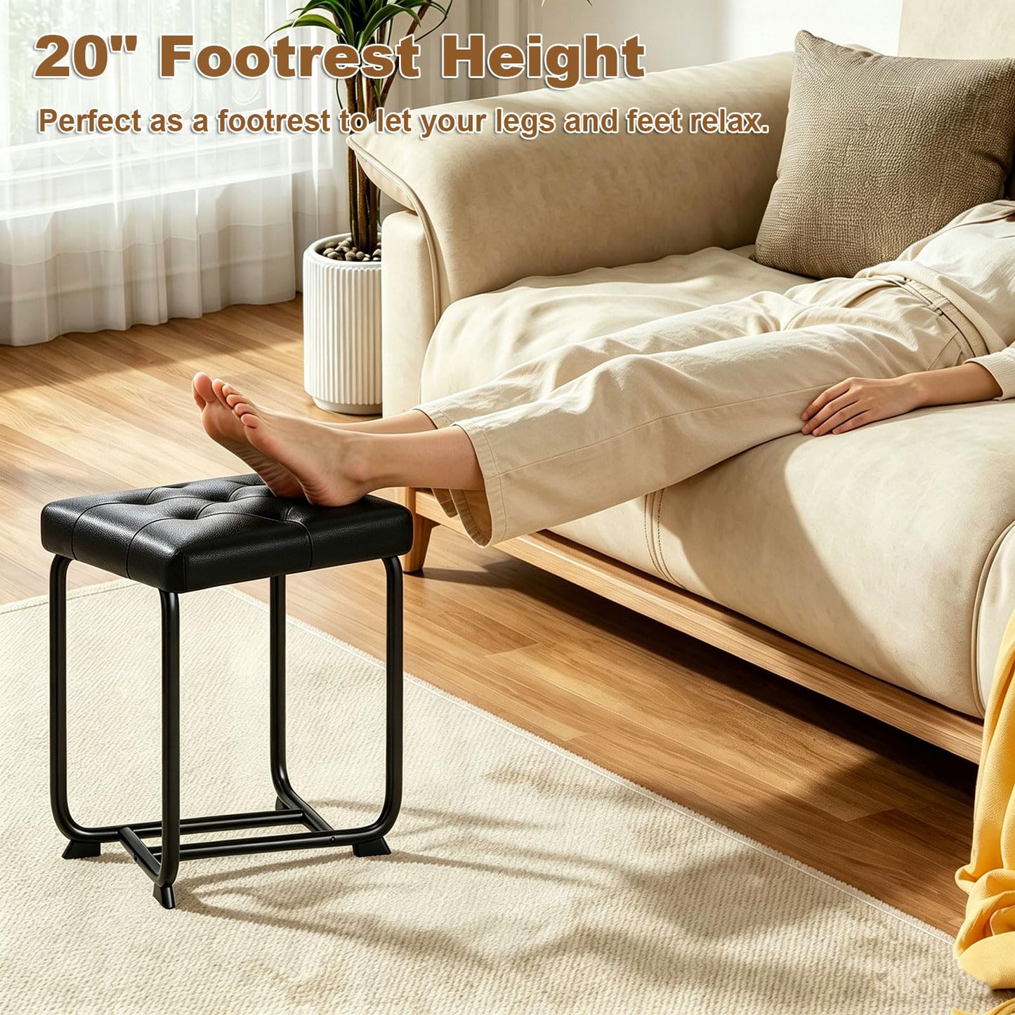 BEWISHOME Black Vanity Stool, Leather Vanity Stool, Small Stool Chair for Vanity, Square Ottoman Foot Stool, Makeup Vanity Chairs with Thick Padded Seat for Bathroom, Bedroom, Entryway, KFD01B