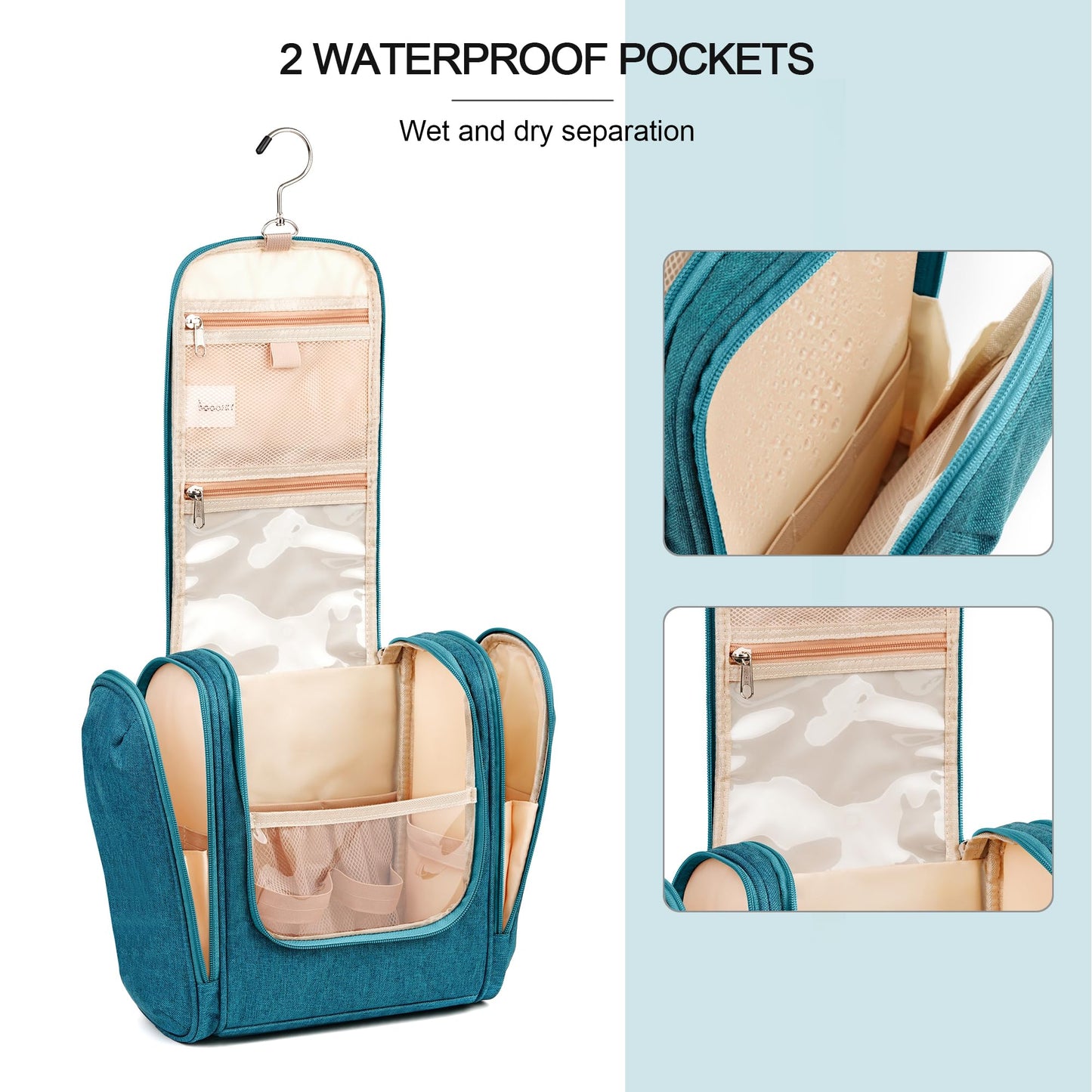 COOSKY Hanging Travel Toiletry Bag for Women and Men, 6 Organizer Compartments, Large Toiletries essentials, Bathroom Cosmetic Accessories, Water-resistant Makeup Bag, Holds Full-Size Shampoo, Blue
