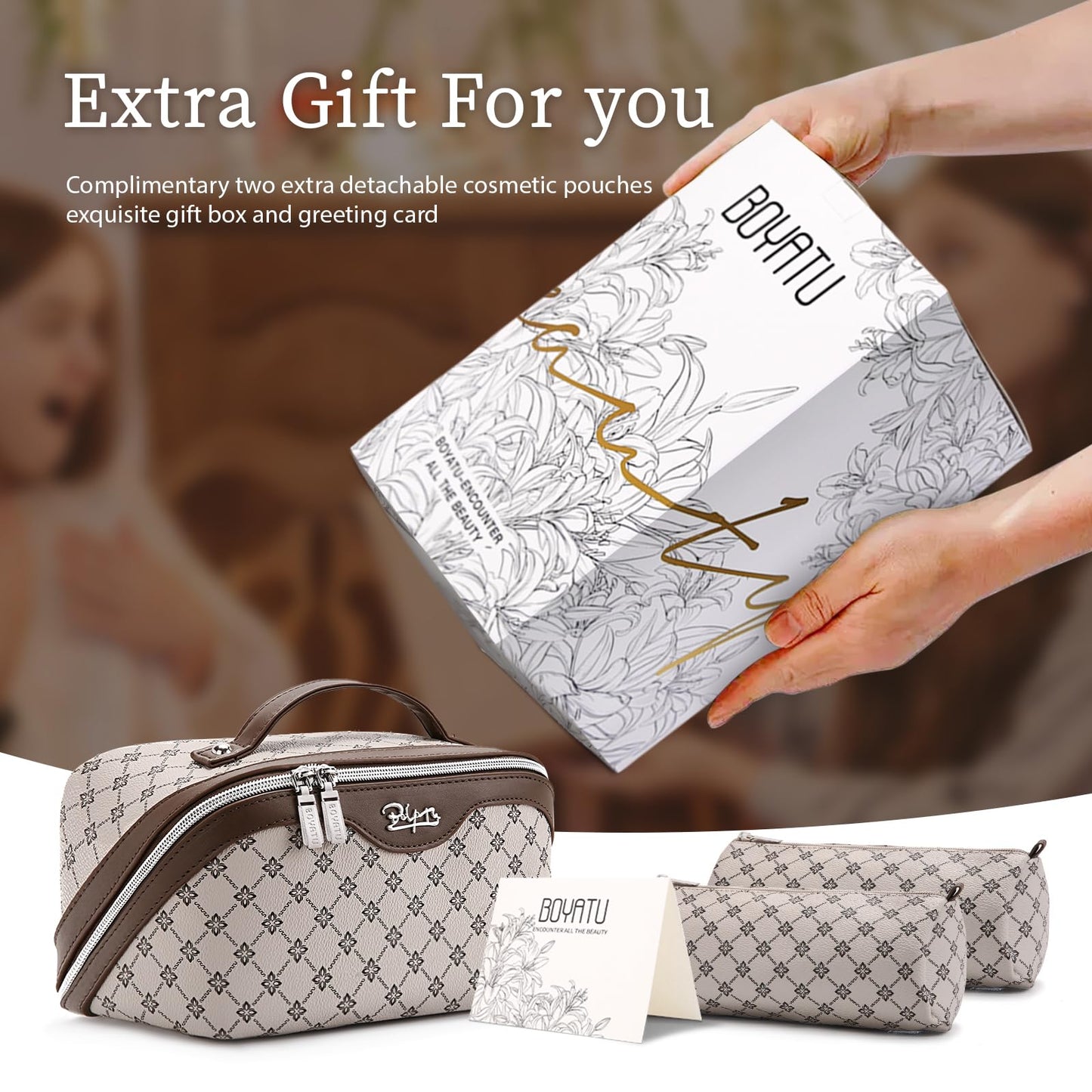 BOYATU Travel Makeup Bag Cosmetic Bags for Women: 3 Pcs Set Large Capacity Make up Bag with Handle - Vegan Leather Toiletry Bags with Compartments - Makeup Organizer for Travel Essentials(A-2-Khaki)