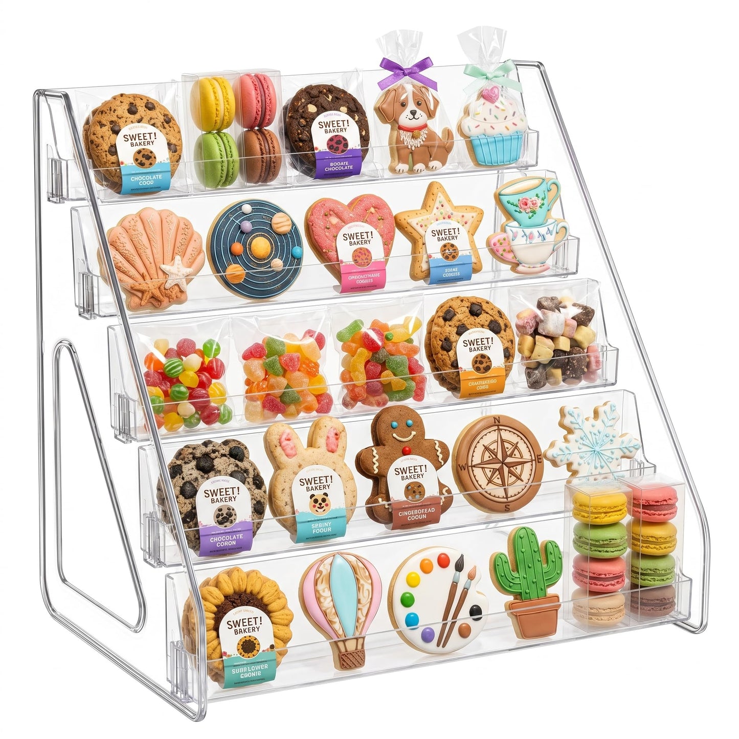 VKAXRMZTP 5-Tier Clear Acrylic Cookie Display Stand, Rectangular Shelves, Clear Tiered Dessert Stand for Bakers Vendors, Professional Display Riser for Cookies, Cupcakes, Muffins & Pastries