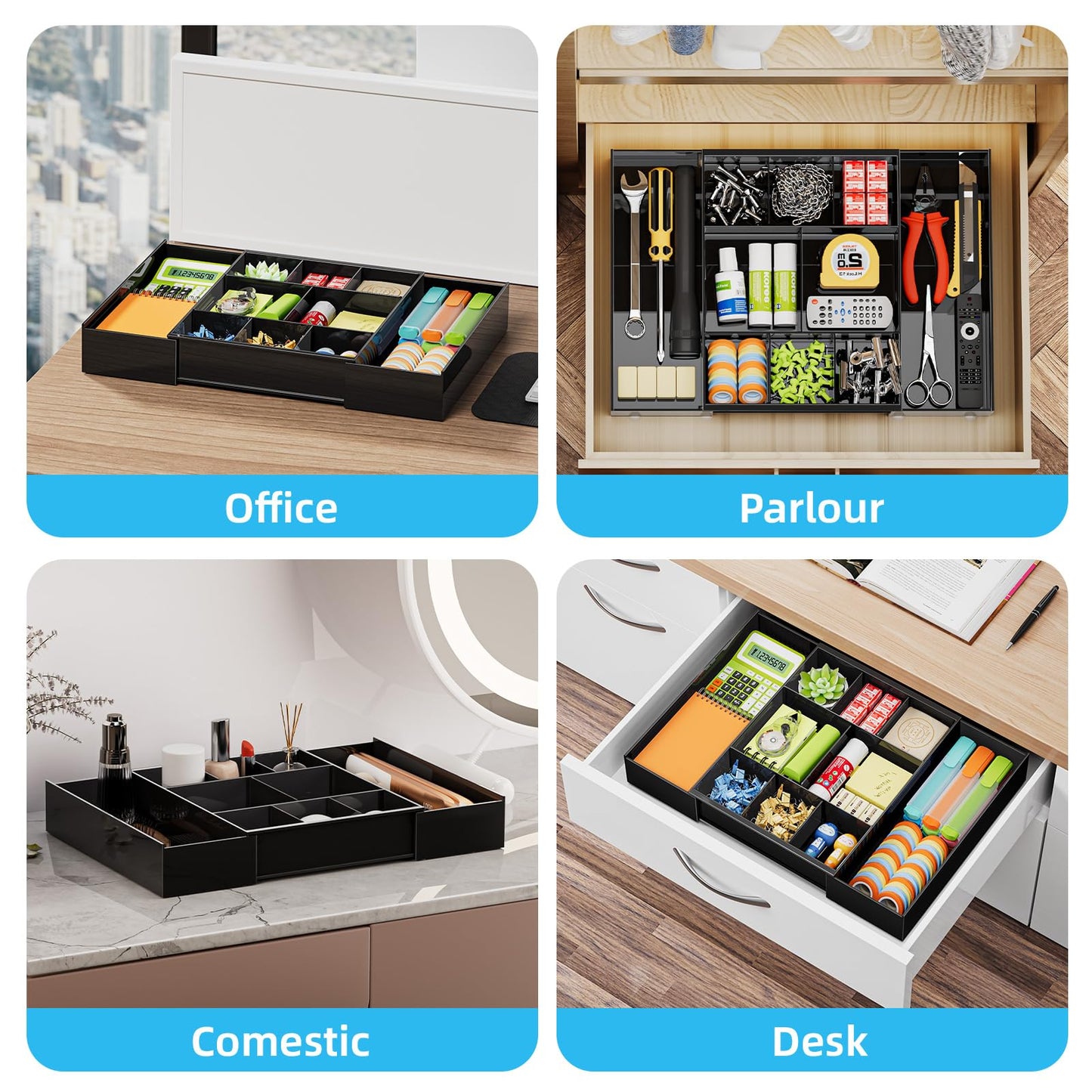 Marbrasse Expandable Desk Drawer Organizer, Clear Plastic Drawer Organizer Tray with 10 Adjustable Compartments, Desk Organizers and Accessories, 5 Drawer Dividers for Office Supplies, Makeup(Black)