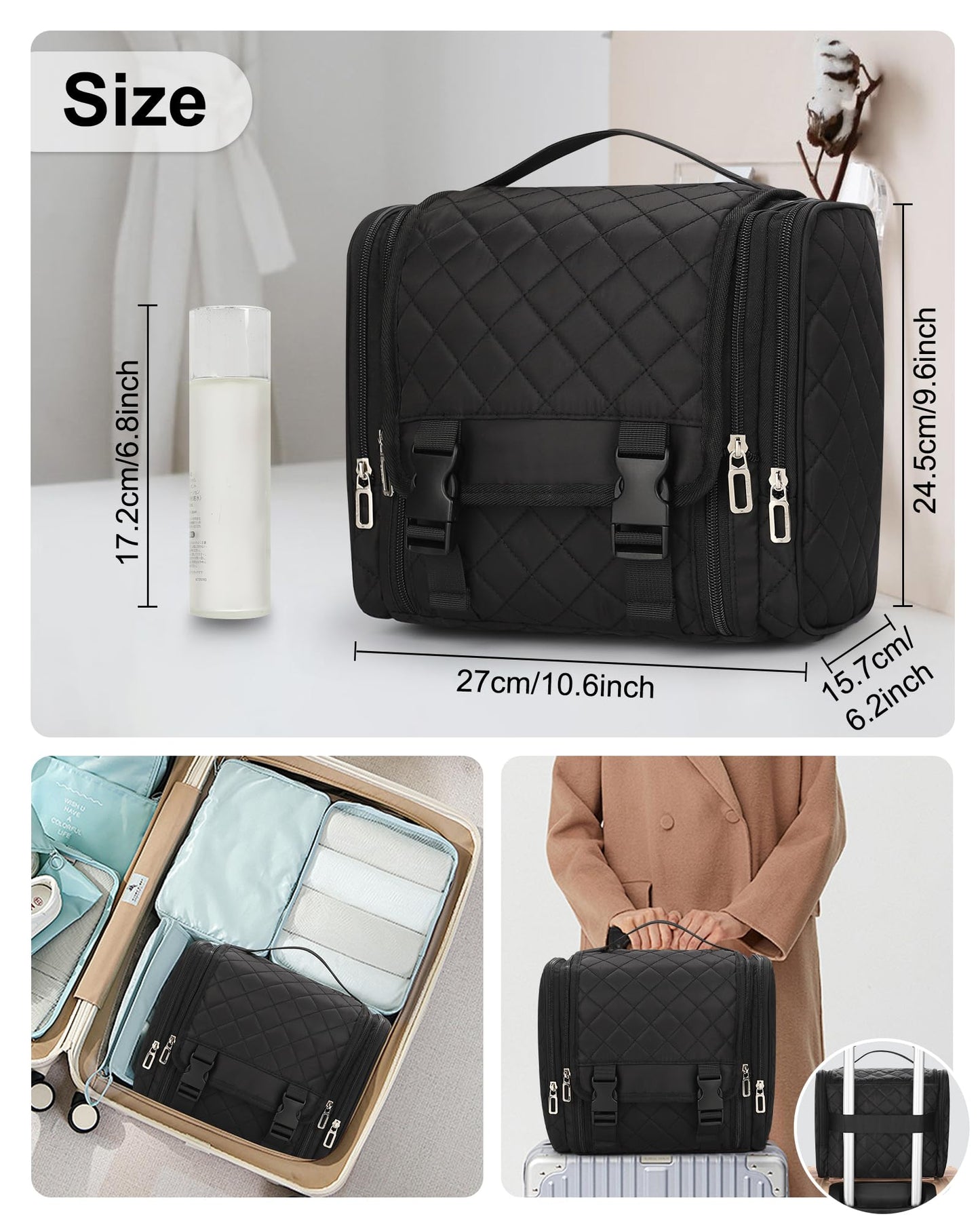 TANTO Hanging Toiletry Bag for Women, Travel Toiletries Bag Water-resistant Large Makeup Cosmetic Organizer with Hook Portable Bathroom Bag for Full-size Bottles,Travel Essentials (Black,Large)