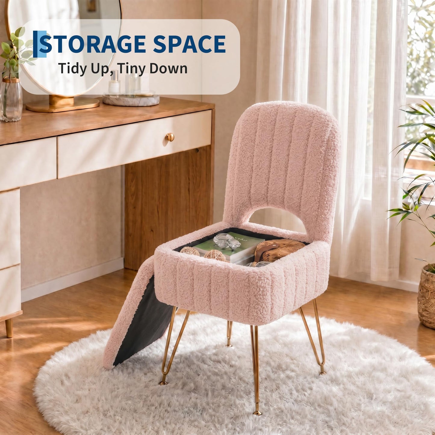 Garvee Vanity Stool Chair with Backrest, Square Ottoman with Hidden Storage Compartment, Soft Teddy Fabric, 280 Lbs Weight Capacity, Modern Style for Bedroom Living Room,Pink,Small
