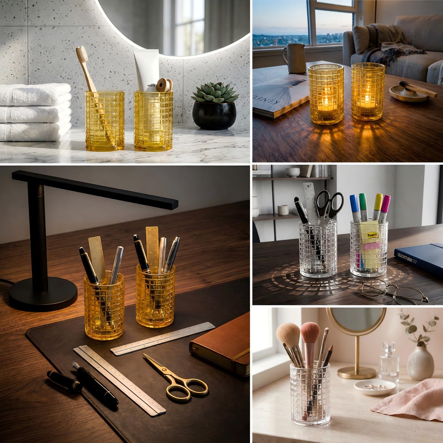 Makeup Brush Holder Organizer, Grid Pattern Glass Storage Box Container, Multifunctional Toothbrush Desk Pen Pencil Holder for Crystal Home Decor, Table Centerpiece, Wedding, Party(Gold 2 Pack)