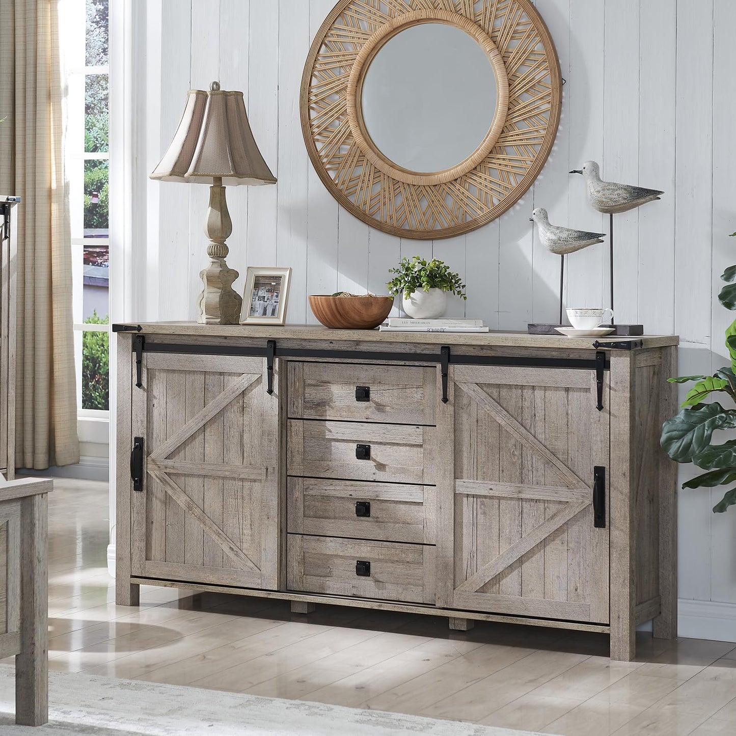 T4TREAM Farmhouse Sideboard Buffet Cabinet with Storage, 60" Large Kitchen Cabinet w/Sliding Barn Doors and 4 Drawers, 31.2'' Tall Rustic Wood Coffee Bar Table for Dining Room, Light Rustic Oak