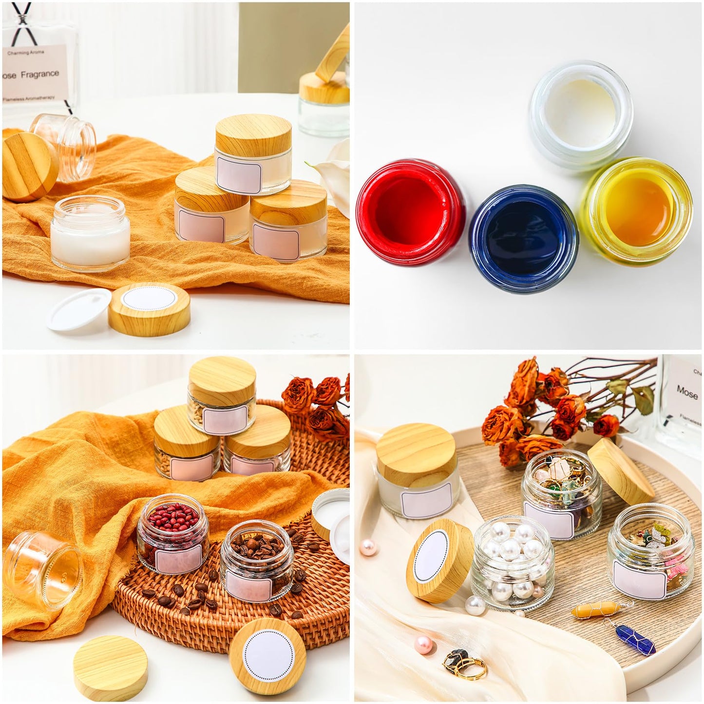 Layhit 48 Pcs 50 ml Cosmetic Glass Jars with Lids 1.69 oz Small Jars with Plastic Woodgrain Lids, White Labels and Inner Liners Empty Round Cosmetic Containers for Creams Lotions Powder