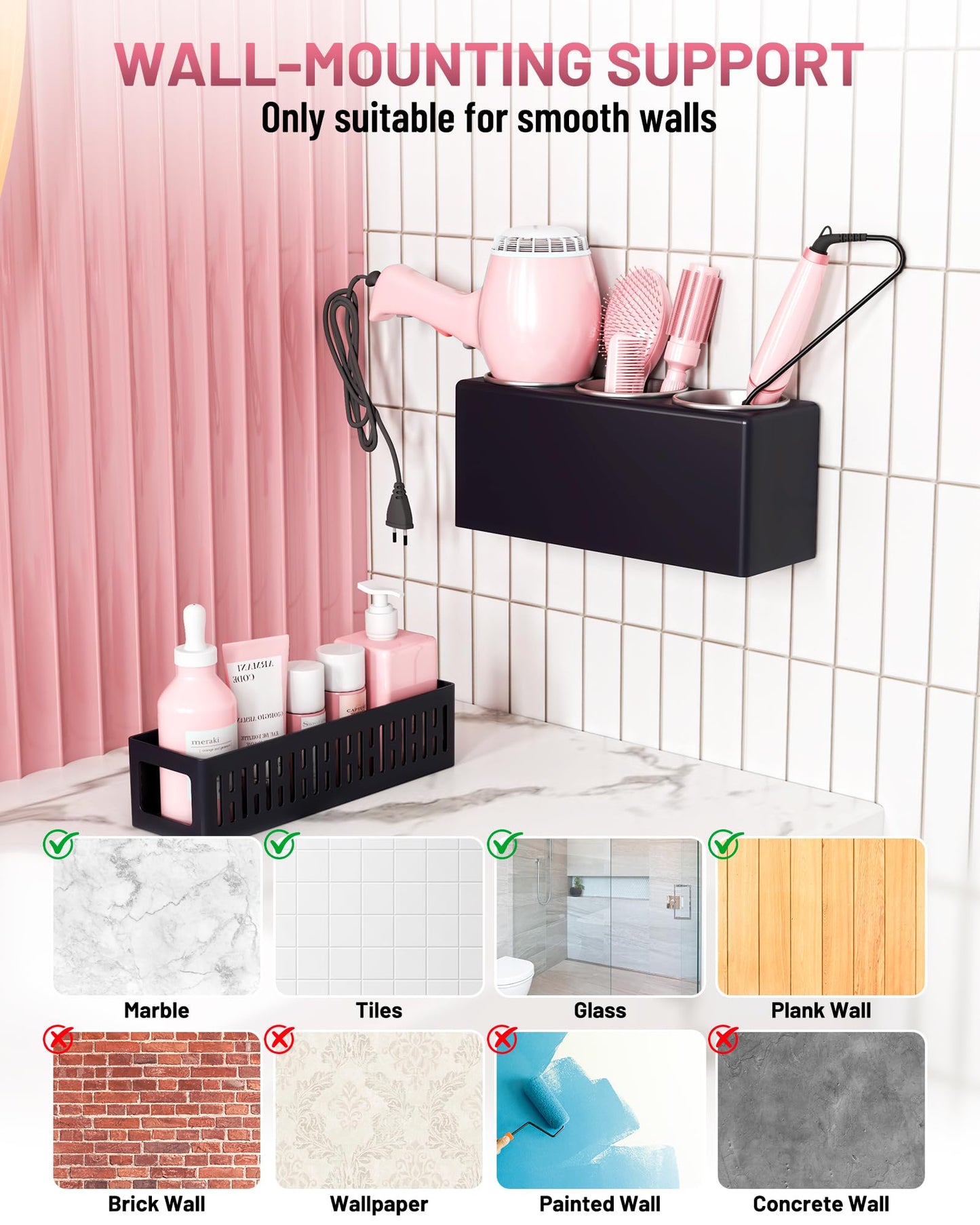 LATTYSY Hair Tool Organizer, Detachable Hair Dryer Holder with 3 Stainless Steel Cups, Wall Mounted Bathroom Organizers and Storage for Accessories, Curling Irons, Straighteners, Toiletries, Makeup