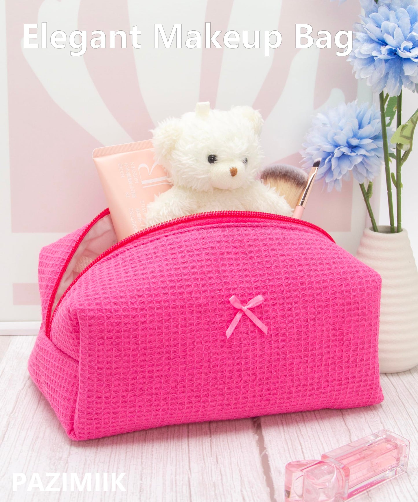 PAZIMIIK 6PCS Cozy Makeup Bag Travel Cosmetic Bag for Women Soft Toiletry Bag Aesthetic Makeup Organizer Portable Large Zipper Pouch for Skincare Beauty Accessories Brushes Waffle Hotpink
