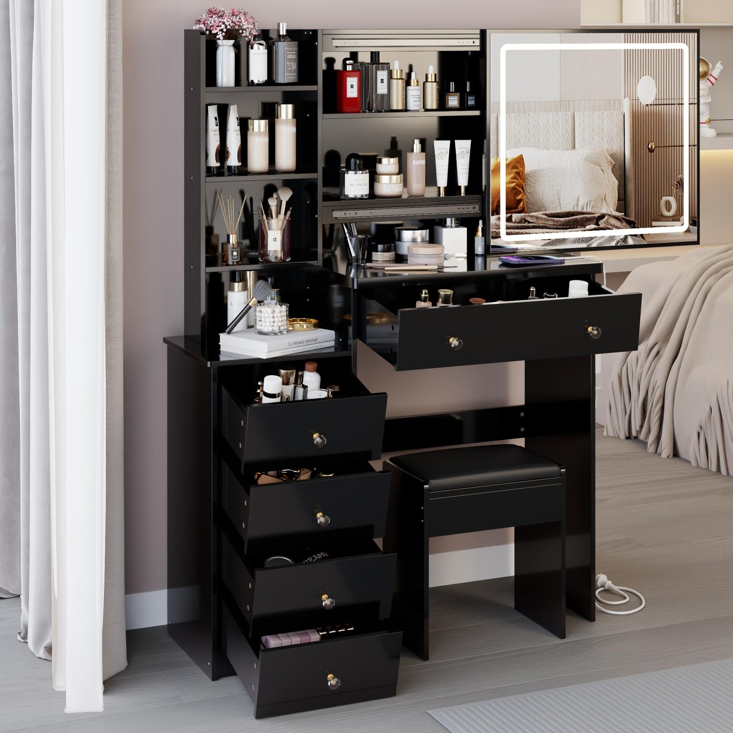 KEIKI Makeup Vanity Desk with Sliding Mirror and Lights, 37" Vanity Table Set with Charging Station, 5 Drawers & Hair Dryer Holder, Dressing Table with Storage Shelves and Cushioned Stool, Black
