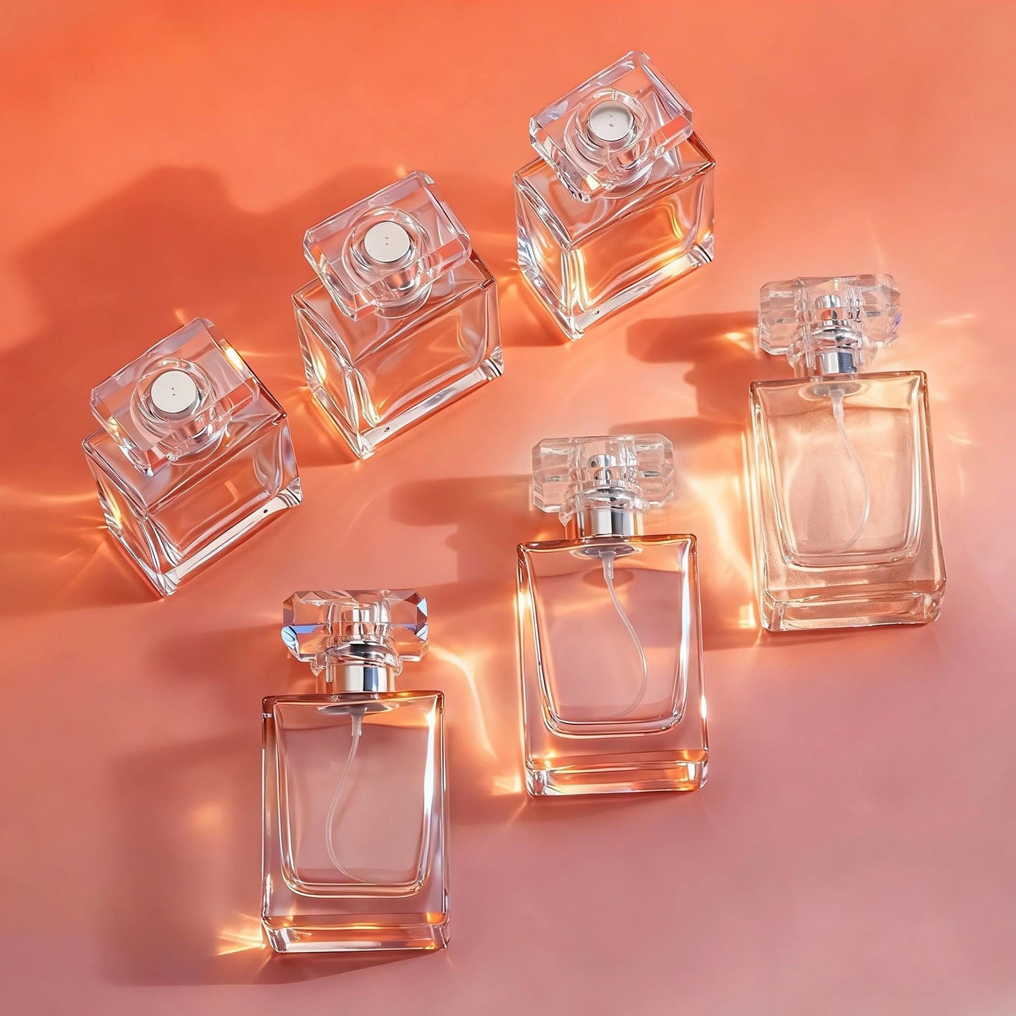YU FENG Glass Perfume Spray Bottle Set, Refillable Fine Mist Atomizer for Fragrance, Daily Use & Organization – Square Glass, Silver Cap, 50ML, 6 Pack