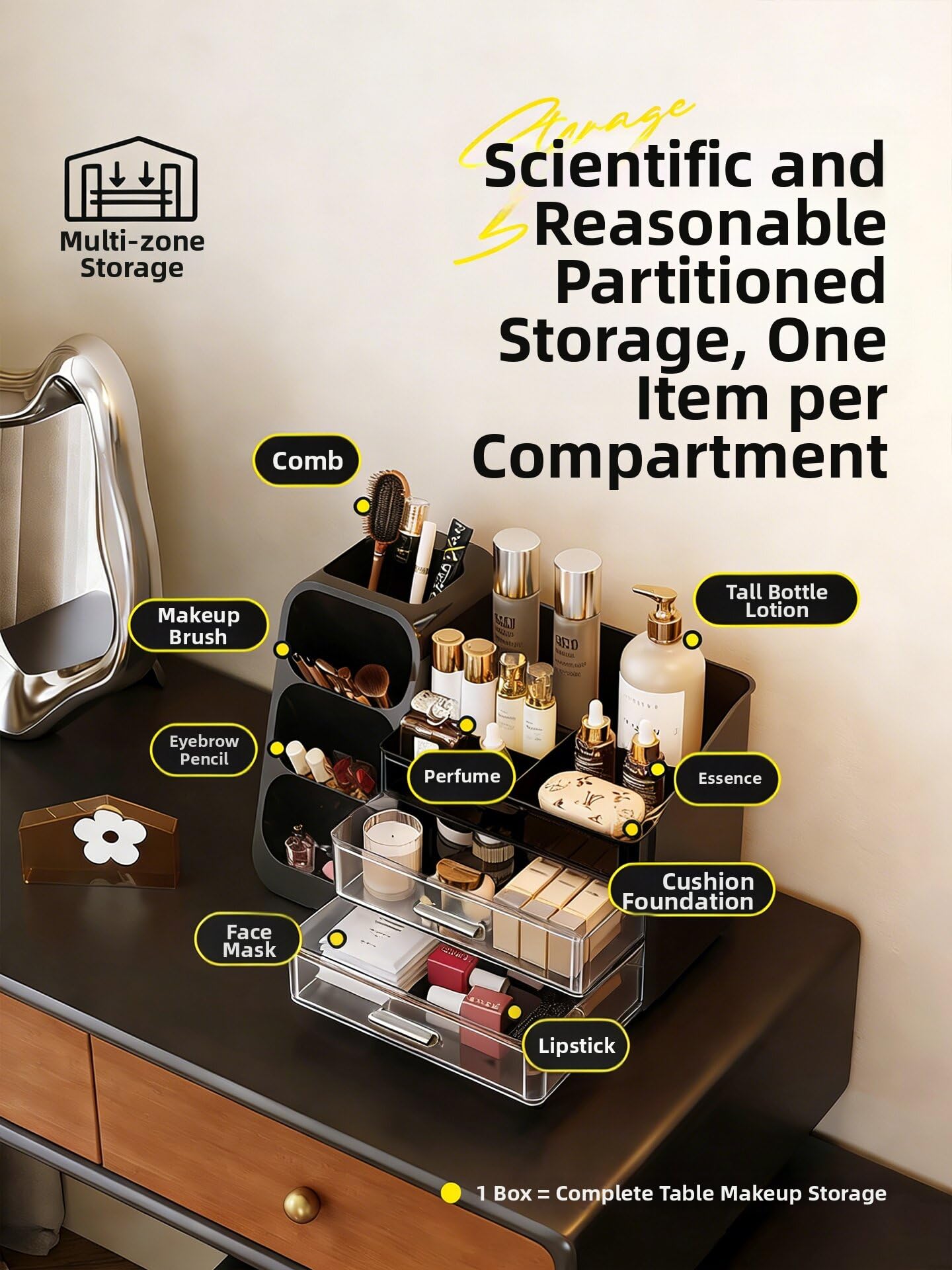 Large Makeup Organizer with Drawers,Multifunctional Multi-Compartment Storage Box,Cosmetic Display Case for Dresser Countertop & Bathroom Vanity,Black