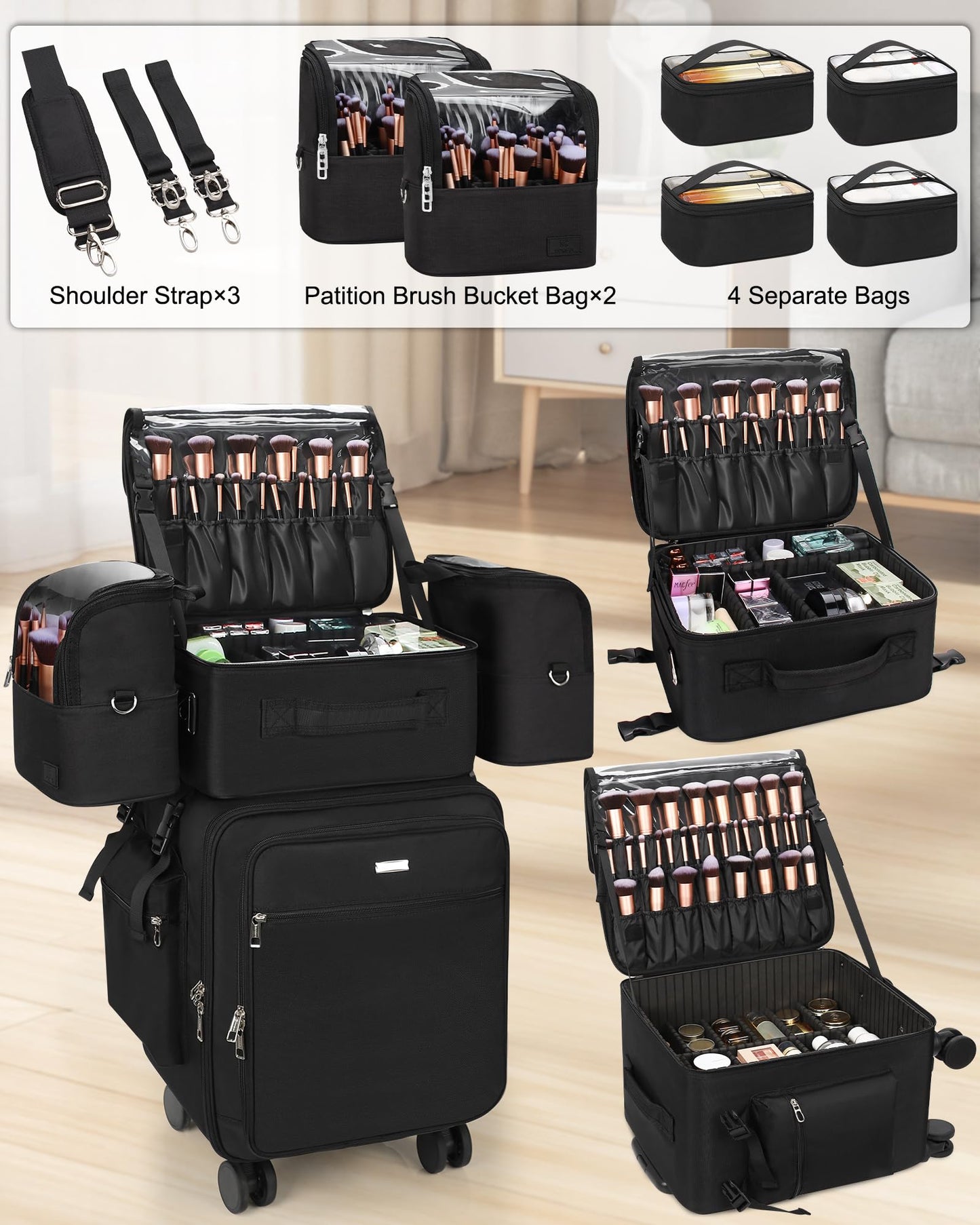 Relavel Rolling Makeup Case Professional Makeup Train Case, Rolling Makeup Kit Bag Makeup Artist Travel Bag with Wheels, 4-in-1 Portable Travel Beauty Trolley Case for Cosmetology Storage(Black)