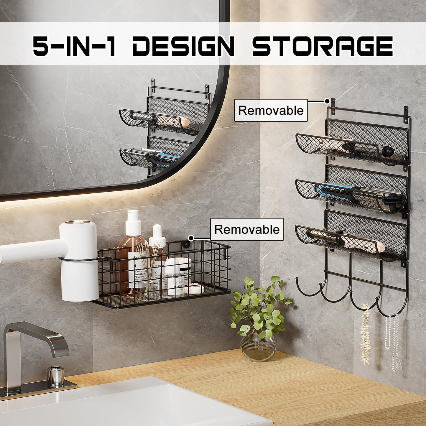 Wall-Mounted Hair Dryer Holder Styling Tool Organizer 4-Shelf Storage Wire Basket with Hook Heat Safe Rack for Hair-Straighteners,Curling Wands,Flat Iron,Perfume,Cabinet Door Bathroom Kitchen