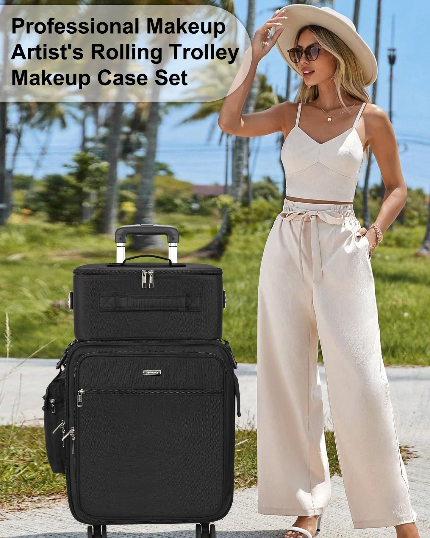 Relavel Rolling Makeup Case Professional Makeup Train Case, Makeup Artist Travel Bag with Wheels, 3-in-1 Portable Travel Beauty Trolley Case for Cosmetology Storage (Black)