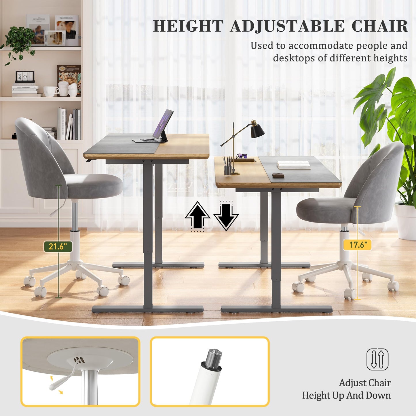 EnHomee Velvet Vanity Chair with Wheels, Ergonomic Desk Chair with Height Adjustable, Armless Makeup Chair for Home Office, Bedroom, Dorm, Muted Grey