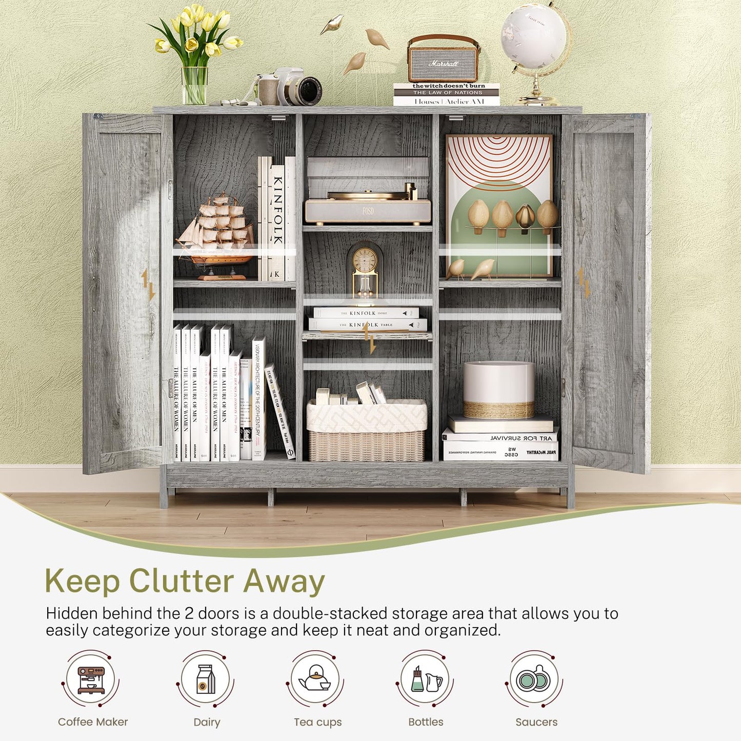 Iwell Storage Cabinet with 2 Doors and 4 Adjustable Shelves, Buffet Cabinet with Storage, Floor Cabinet for Living Room, Entryway, Kitchen, Rustic Gray