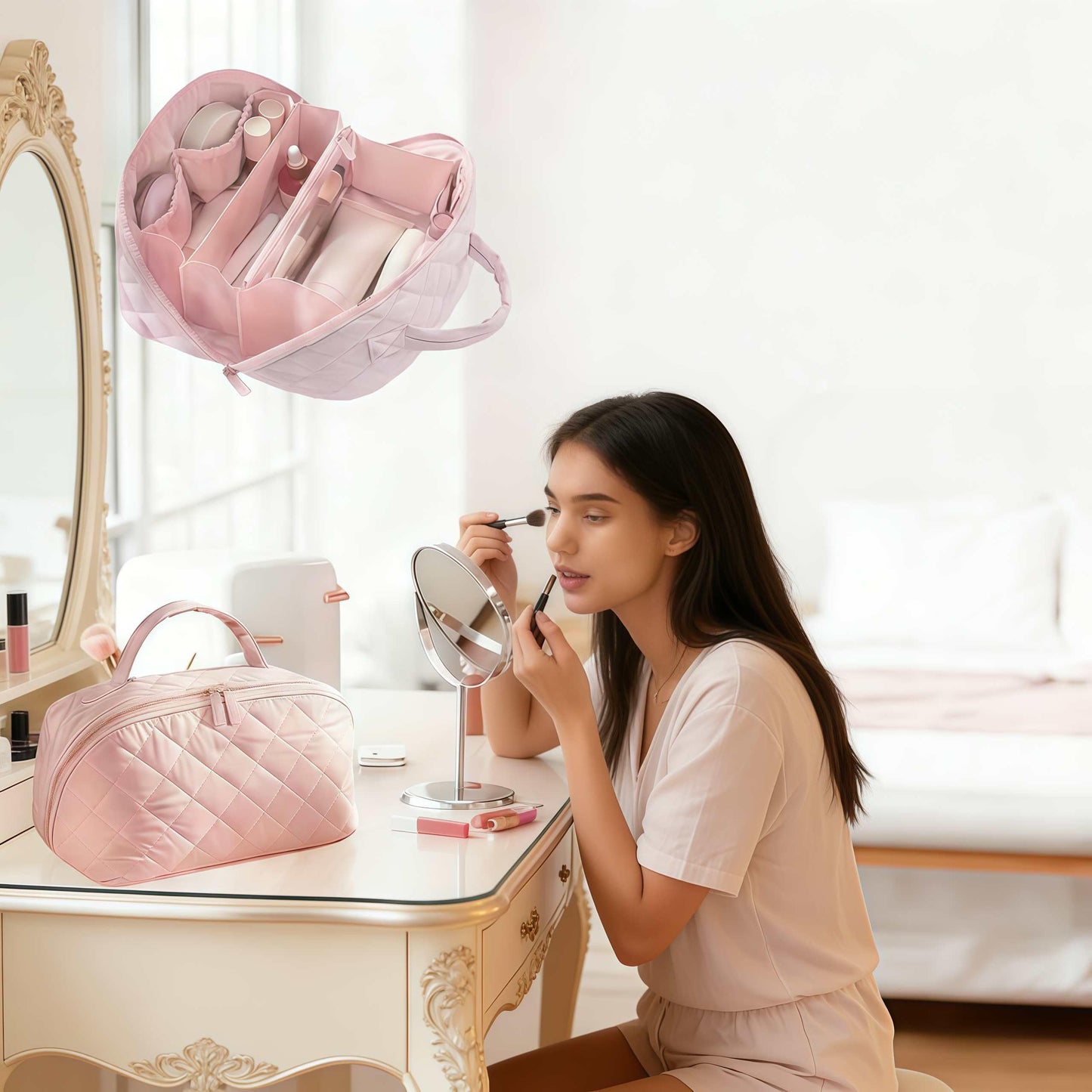 JMKEY Makeup Bag, Quilted Puffer Cosmetic Bags for Women: 3 Pcs Set Large Capacity Waterproof Make up Bag - Makeup Organizer for Travel Essentials Pink