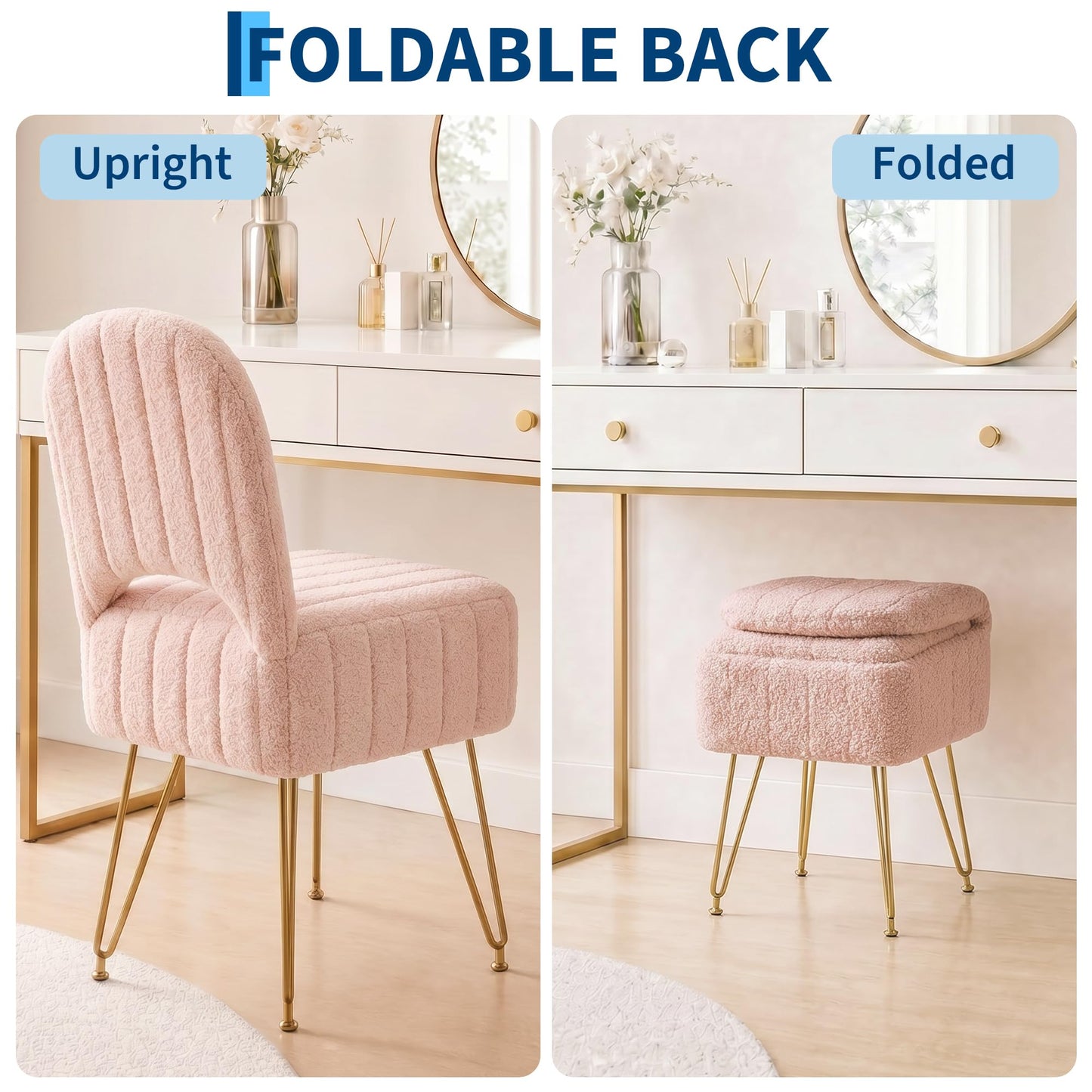 Garvee Vanity Stool Chair with Backrest, Square Ottoman with Hidden Storage Compartment, Soft Teddy Fabric, 280 Lbs Weight Capacity, Modern Style for Bedroom Living Room,Pink,Small