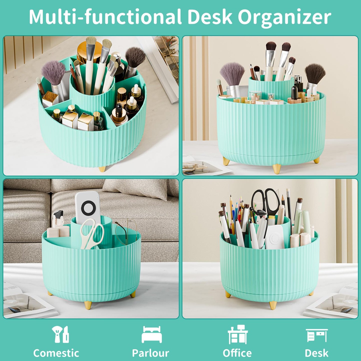 fanado 360° Rotate Makeup Brush Holder Organizer, Makeup Organizers Countertop, Makeup organization and Skincare Storage for Vanity, Desktop, Bathroom (Mint Green)