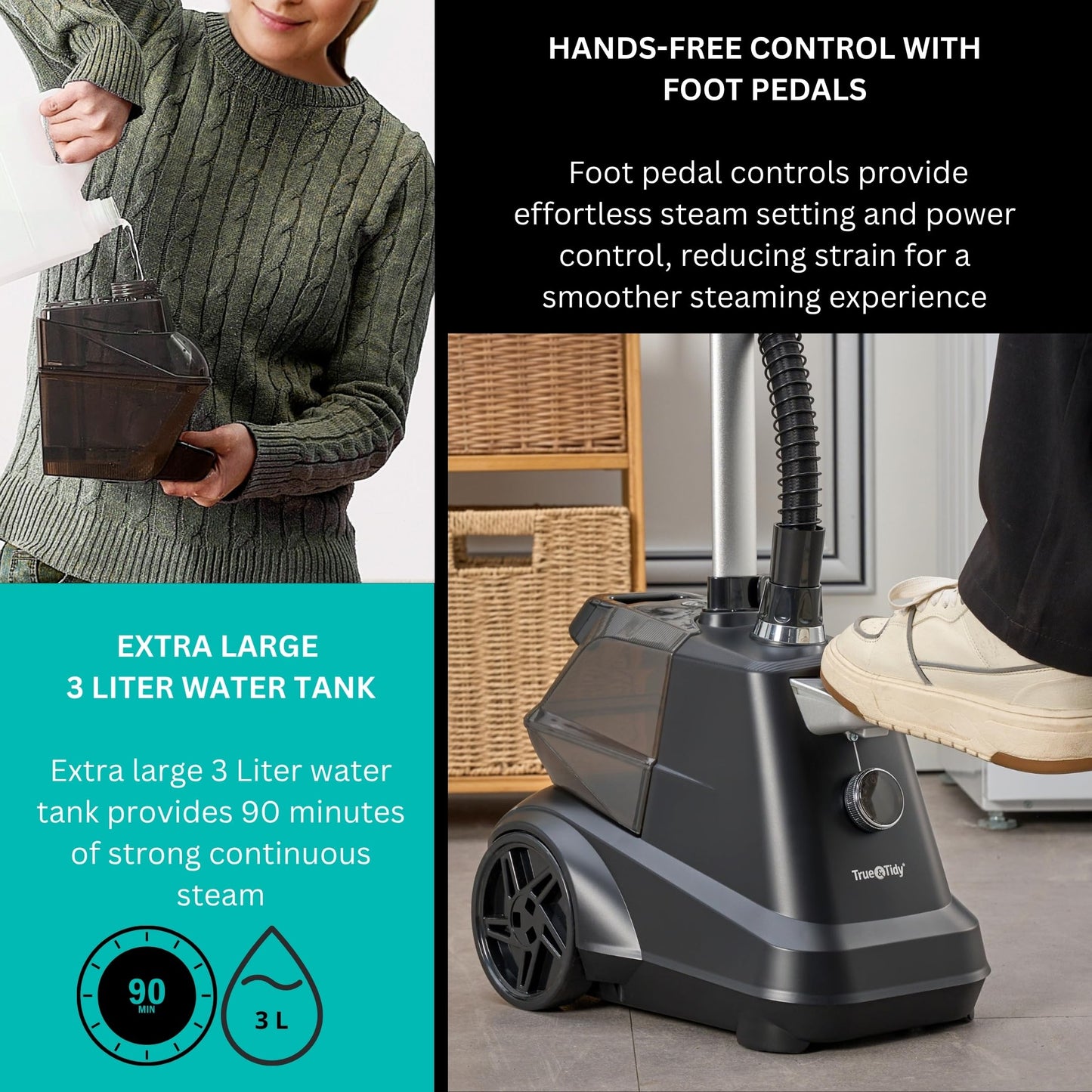 True & Tidy® Heavy-Duty Commercial Industrial Standing Garment Steamer for Clothes, 1800 watts, XL 3L water tank 90+ mins of Steam 3 Steam Settings, Step On/Off Control, Wheels for Easy Movement