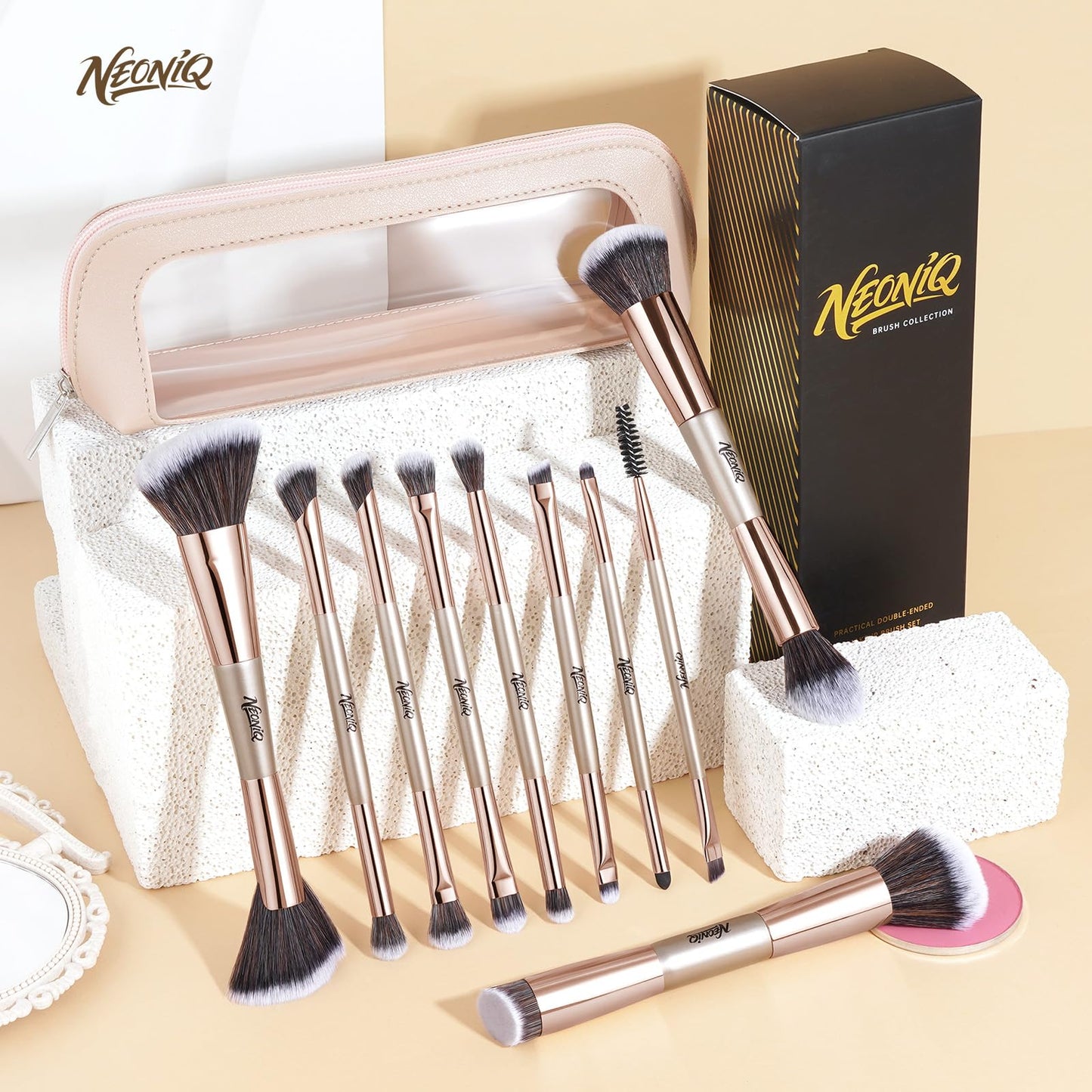 NEONIQ 10 PCS Travel Makeup Brush Set With Bag, Makeup Brushes, Double-End Multi-functional Brushes for Foundation Powder Blush Eyeliner Eyeshadows, Professional Face Brush Set（Champagne Gold）